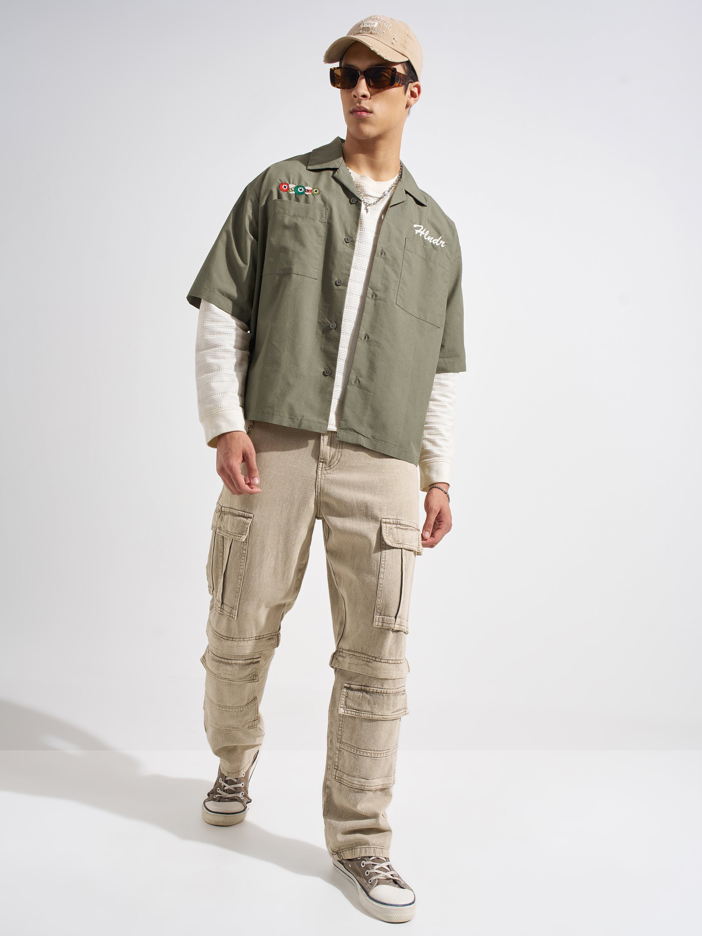 Highlander Men Olive Embroidered Boxy Fit Casual Shirt