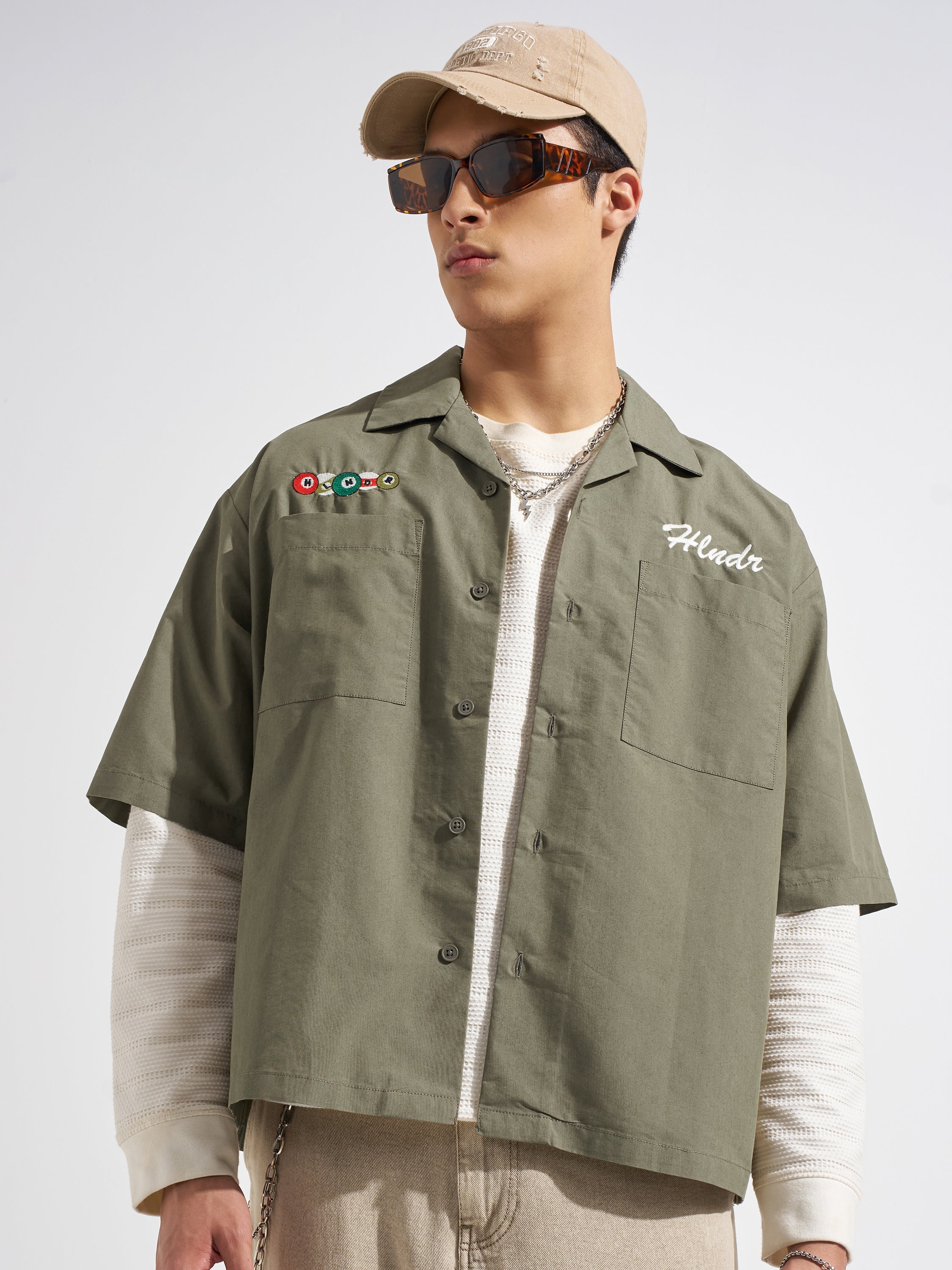 Highlander Men Olive Embroidered Boxy Fit Casual Shirt