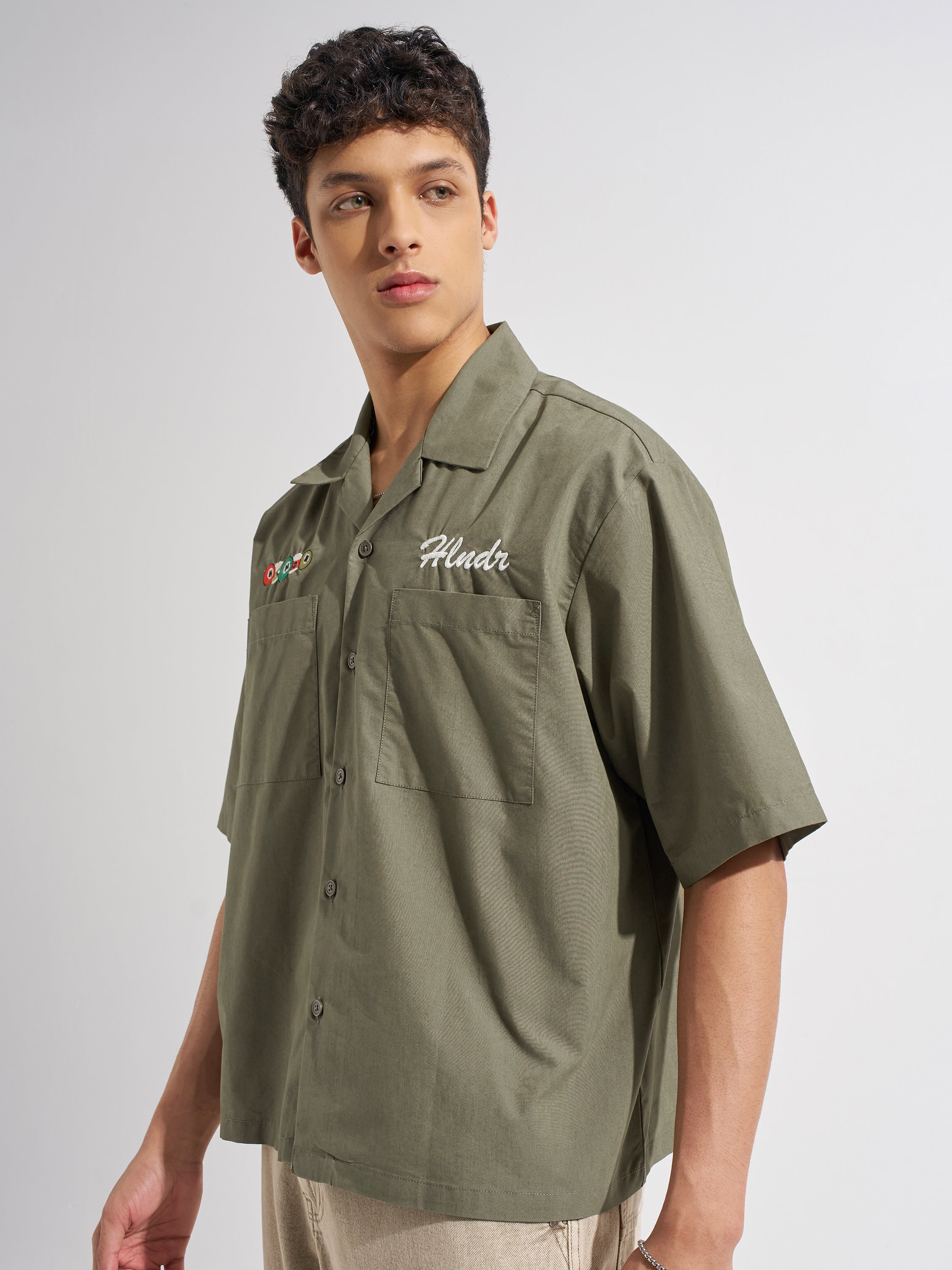 Highlander Men Olive Embroidered Boxy Fit Casual Shirt