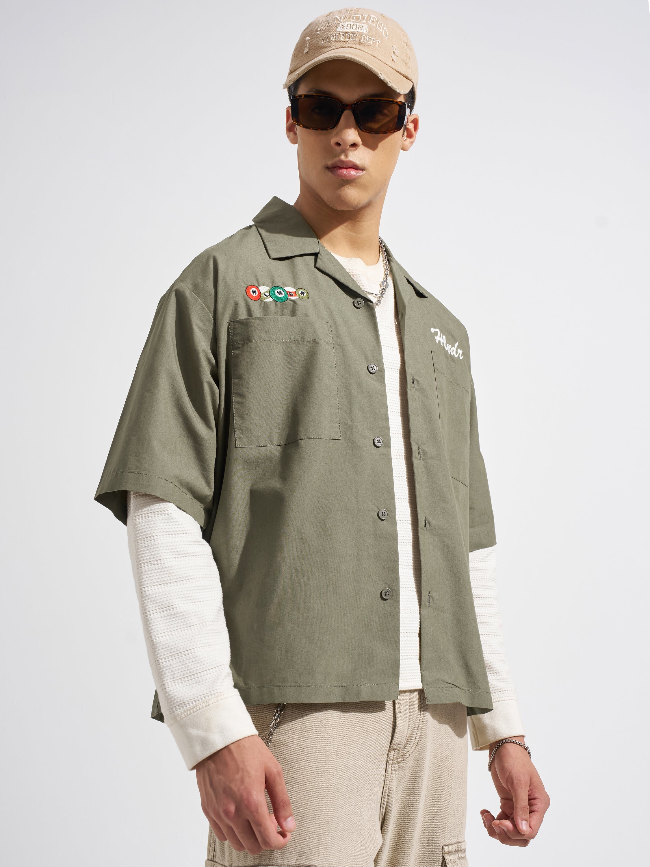 Highlander Men Olive Embroidered Boxy Fit Casual Shirt