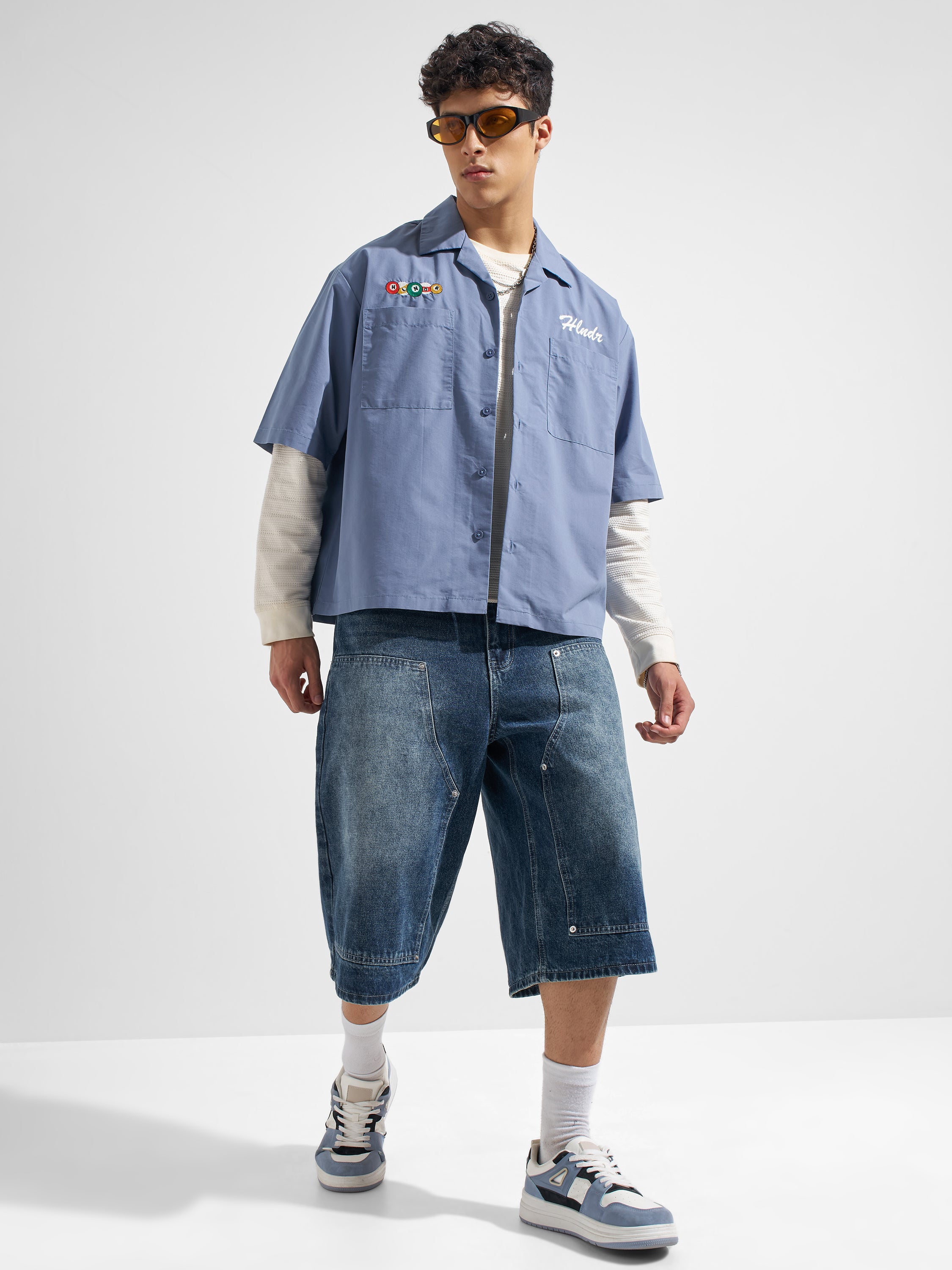 Highlander Men Blue Embroidered Boxy Fit Casual Shirt