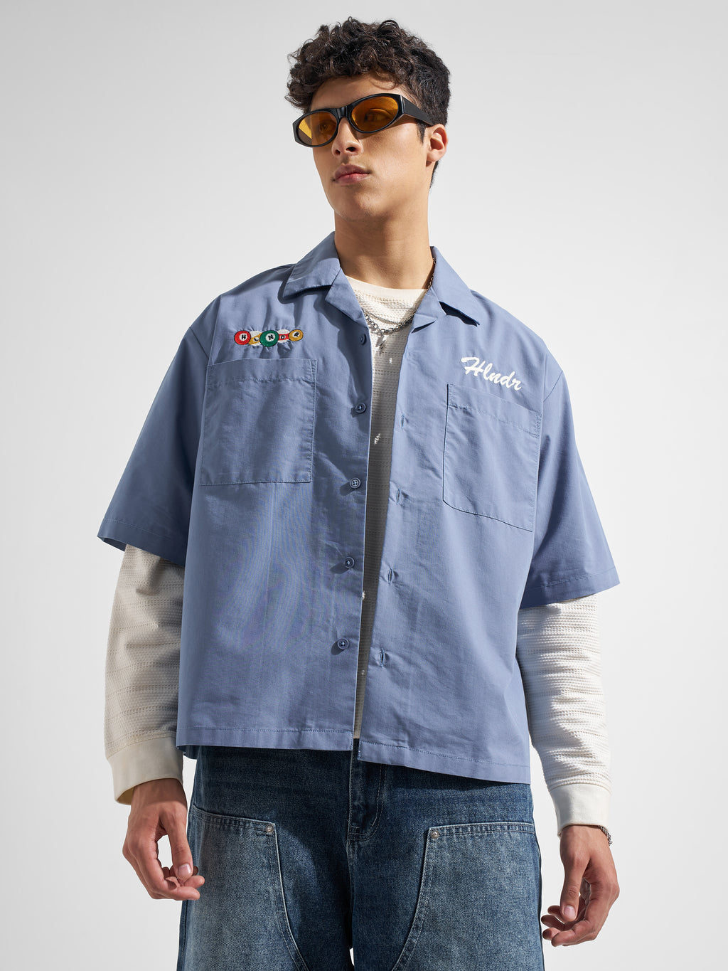 Highlander Men Blue Embroidered Boxy Fit Casual Shirt