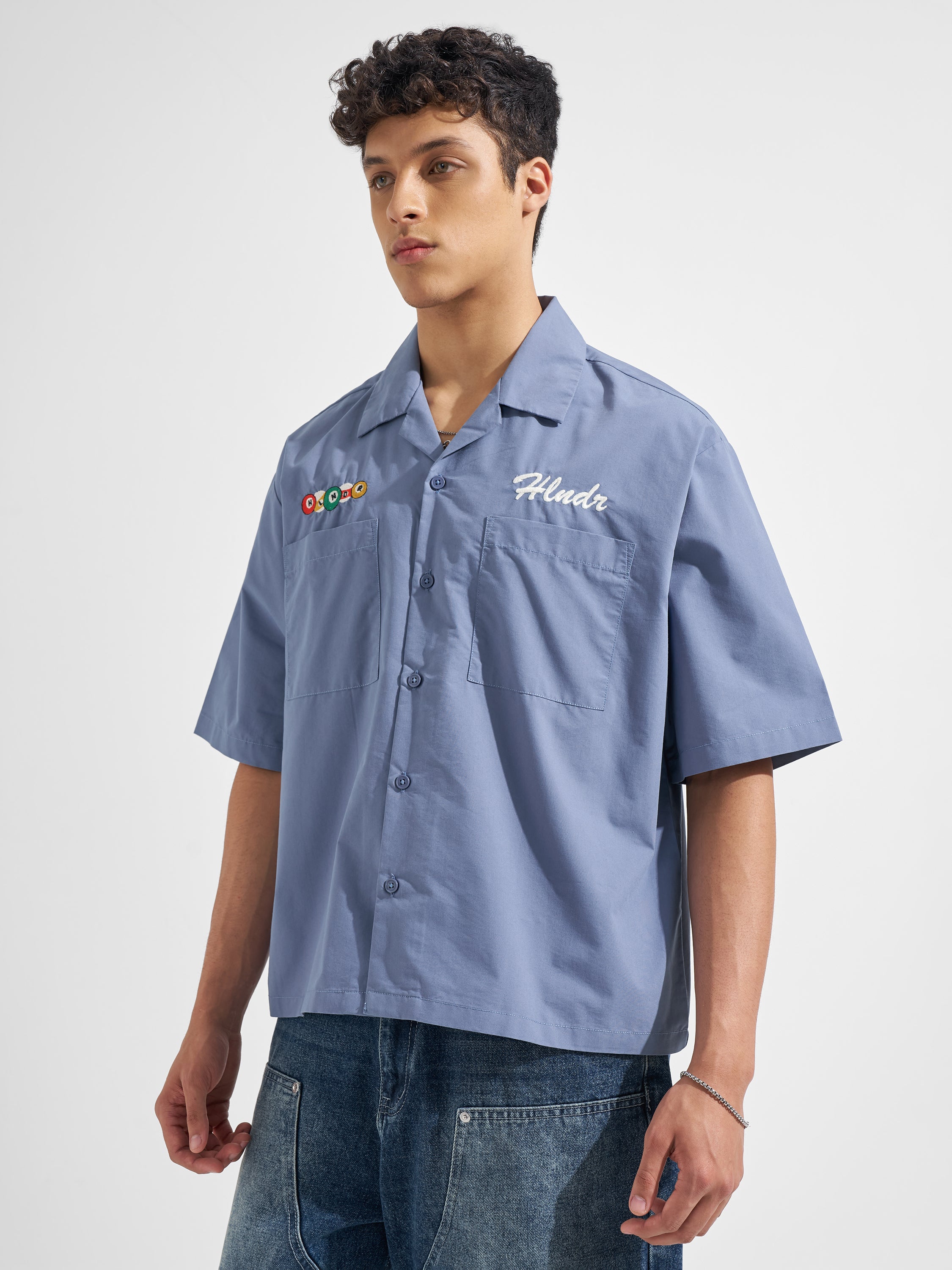 Highlander Men Blue Embroidered Boxy Fit Casual Shirt