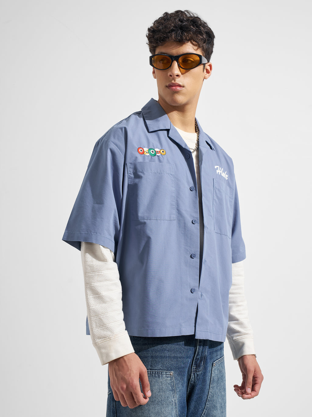 Highlander Men Blue Embroidered Boxy Fit Casual Shirt