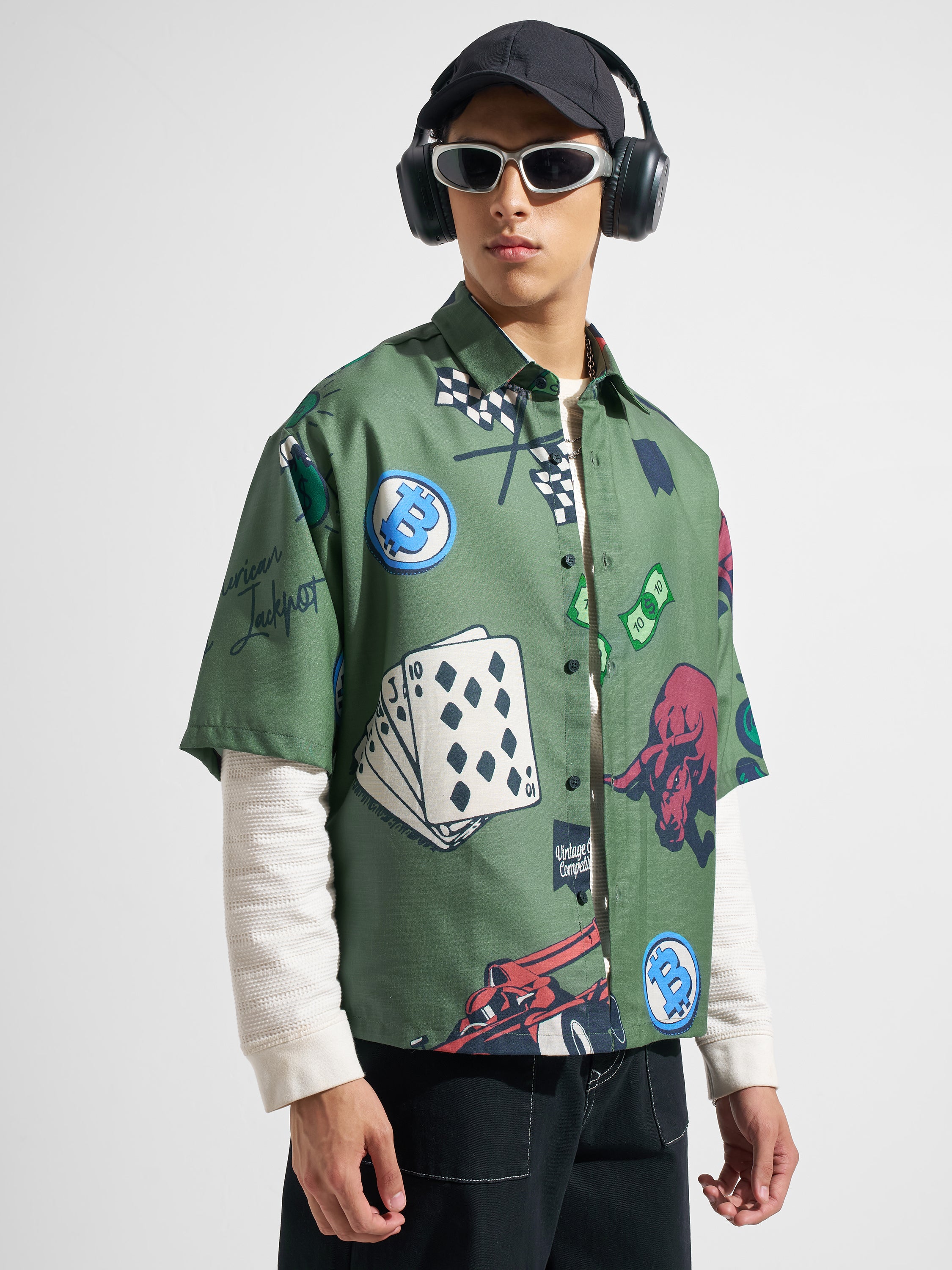 Highlander Men Green Printed Boxy Fit Casual Shirt