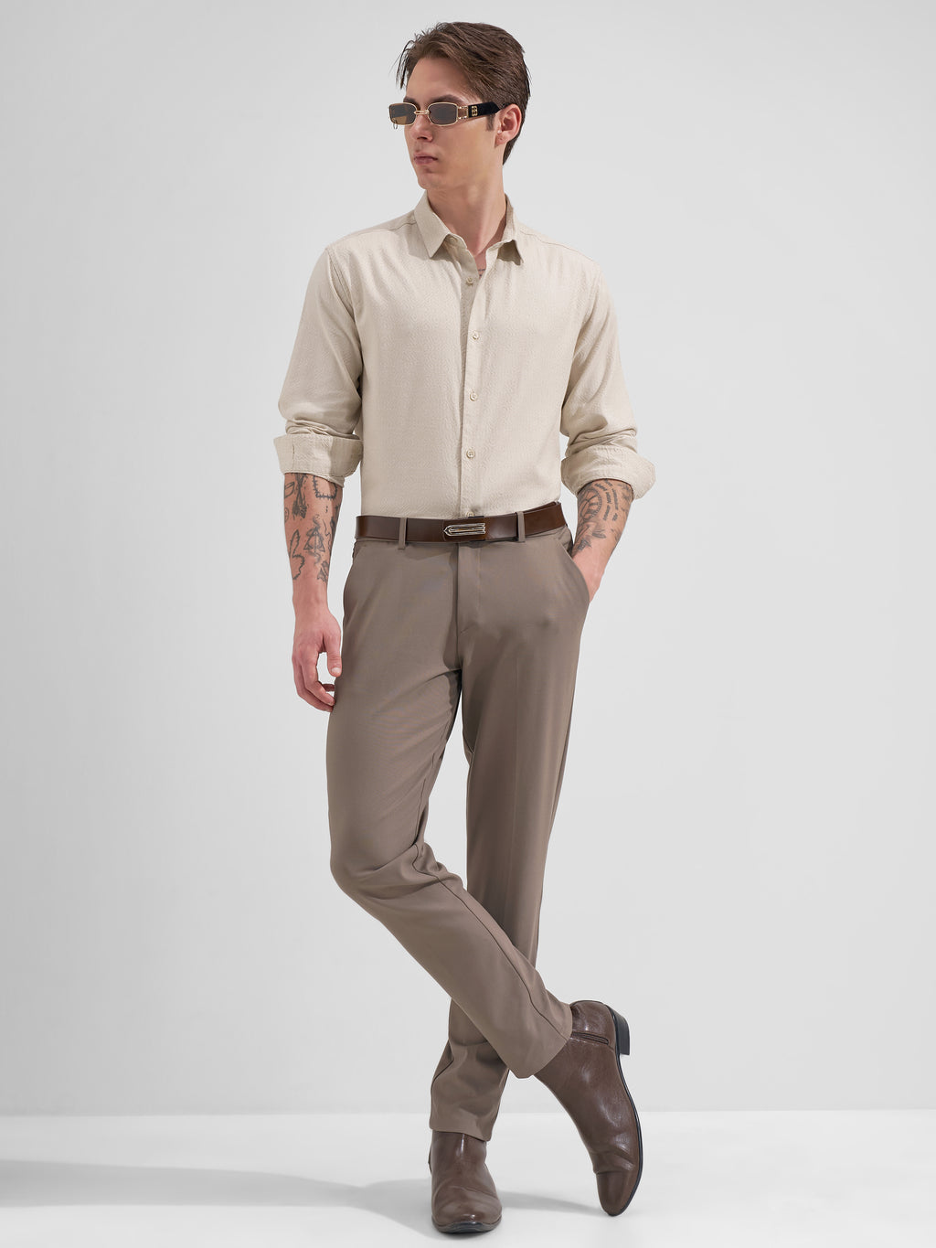 Highlander Men Cream Self Design Slim Fit Casual Shirt