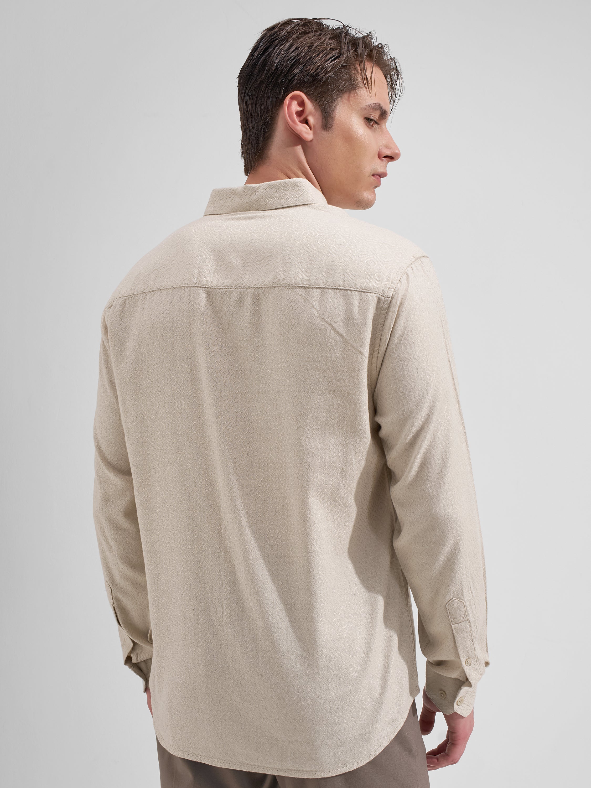 Highlander Men Cream Self Design Slim Fit Casual Shirt