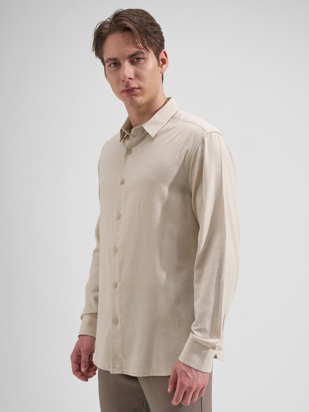Highlander Men Cream Self Design Slim Fit Casual Shirt
