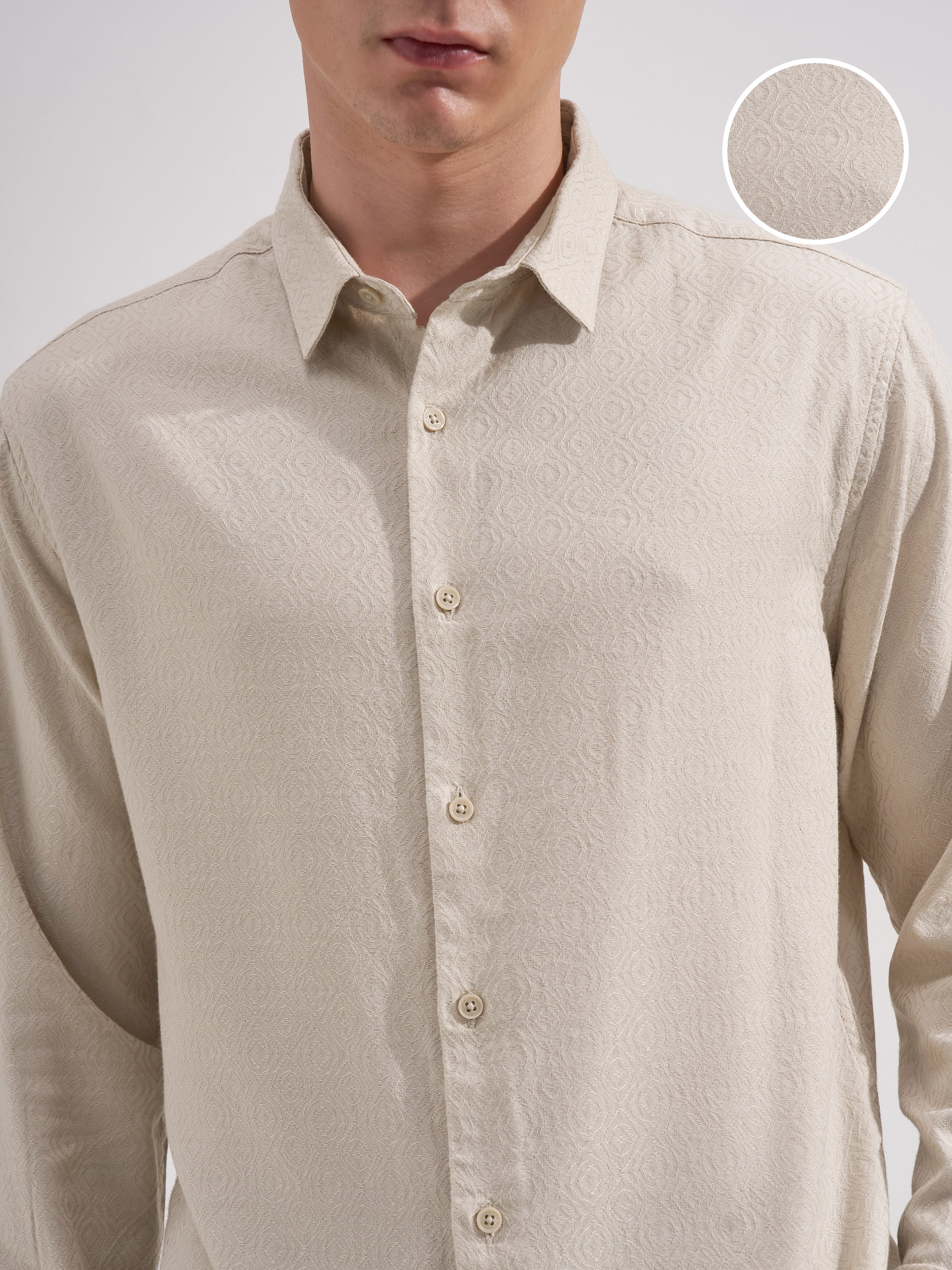 Highlander Men Cream Self Design Slim Fit Casual Shirt