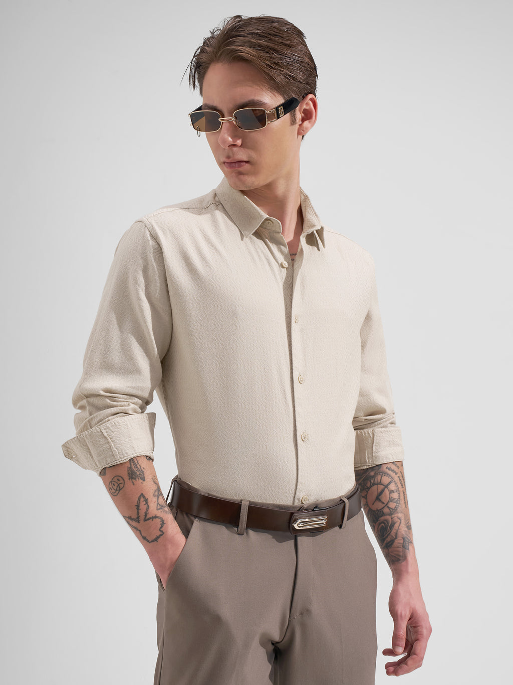 Highlander Men Cream Self Design Slim Fit Casual Shirt
