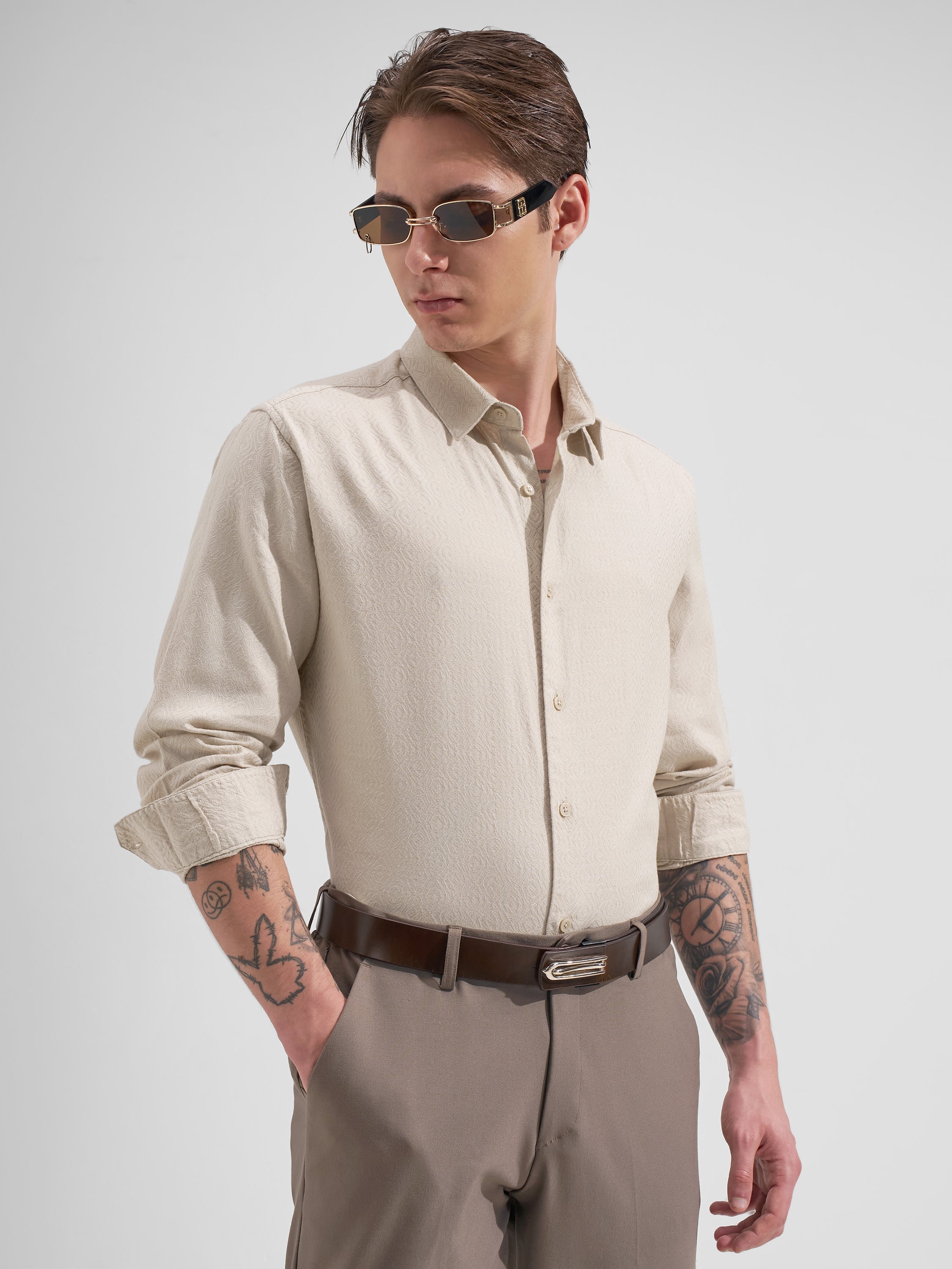 Highlander Men Cream Self Design Slim Fit Casual Shirt