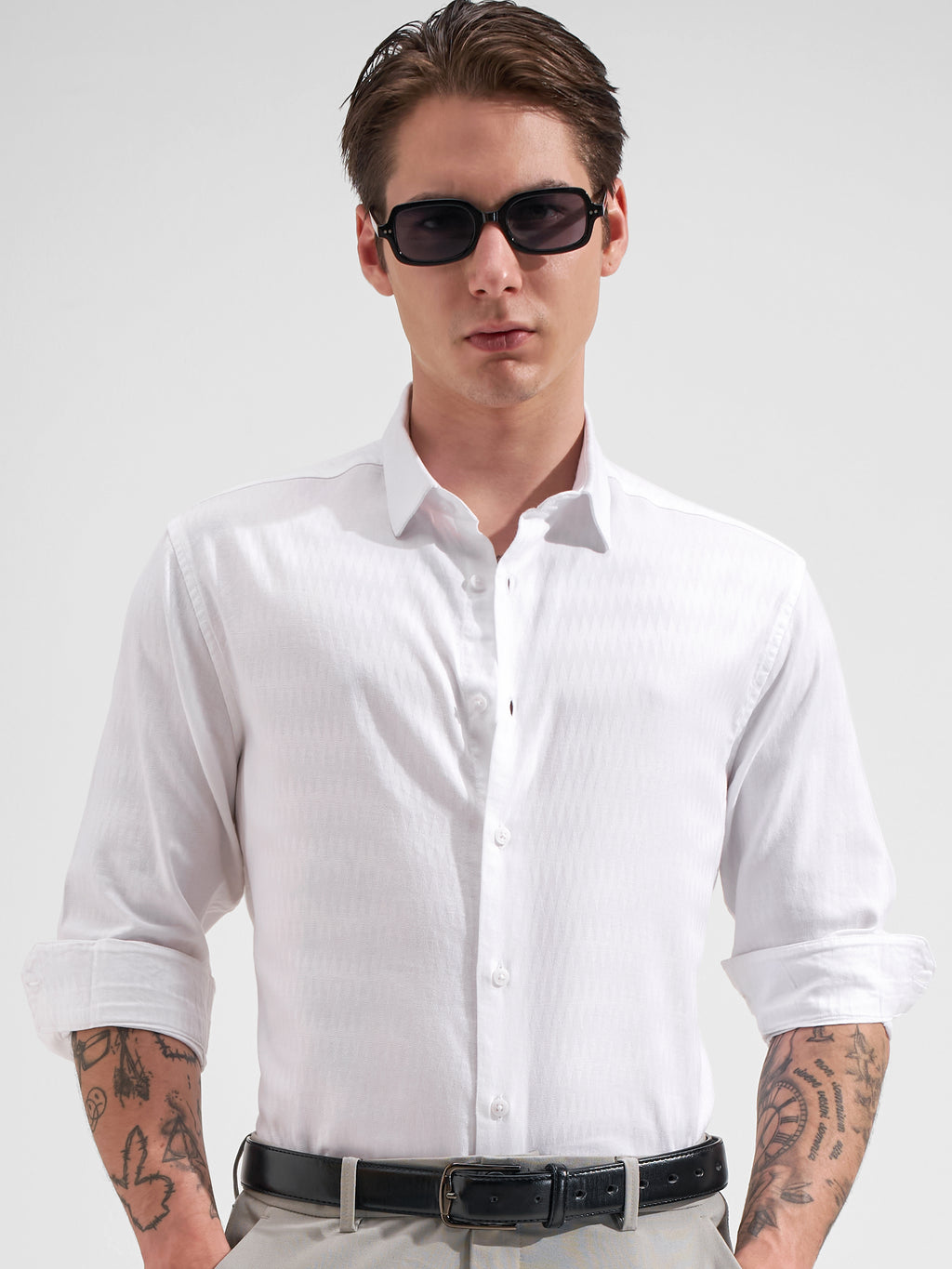 Highlander Men White Self Design Slim Fit Casual Shirt
