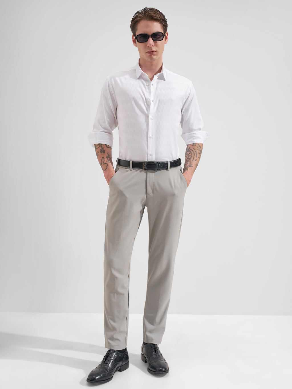 Highlander Men White Self Design Slim Fit Casual Shirt