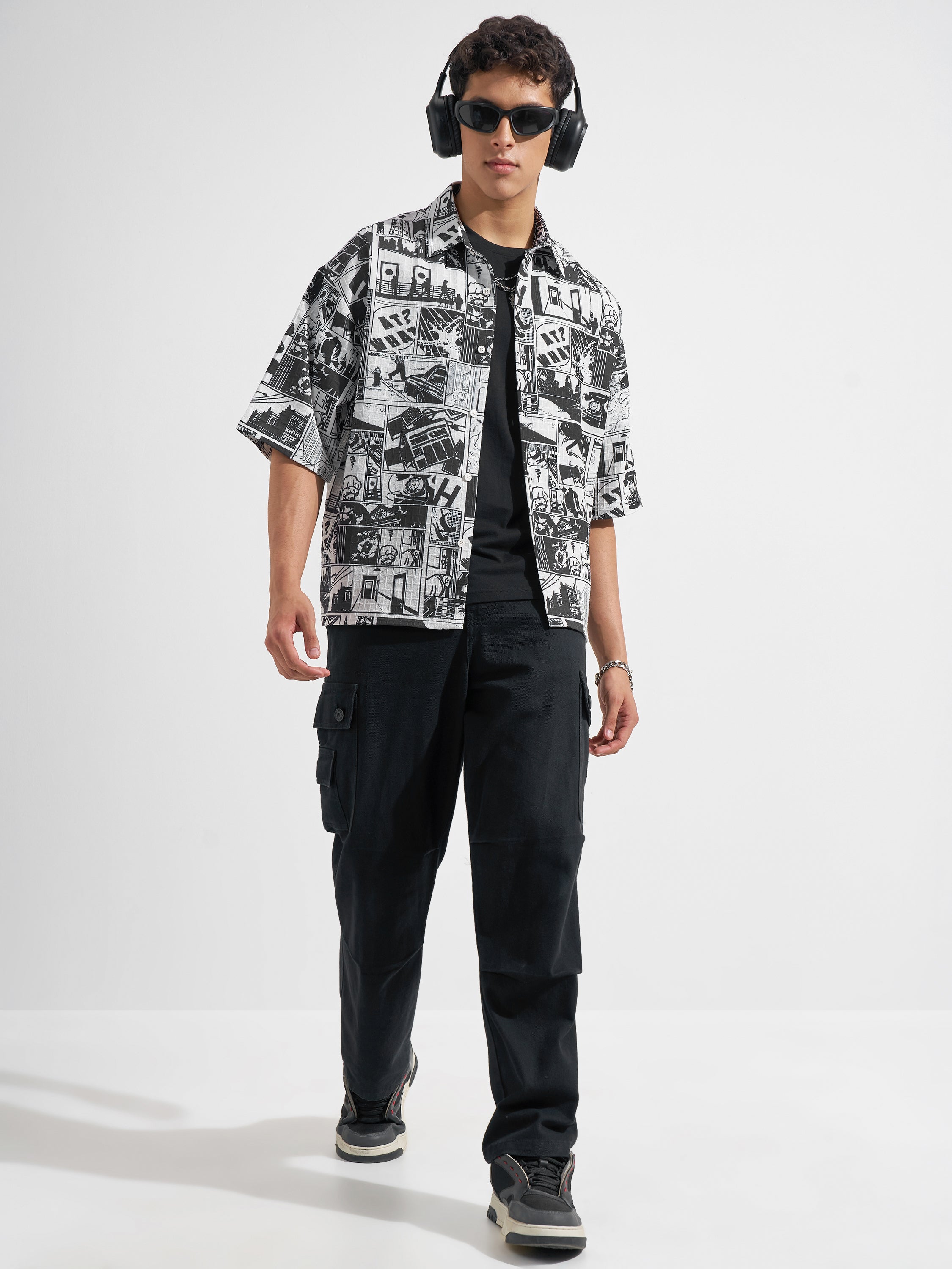 Highlander Men Black Printed Boxy Fit Casual Shirt
