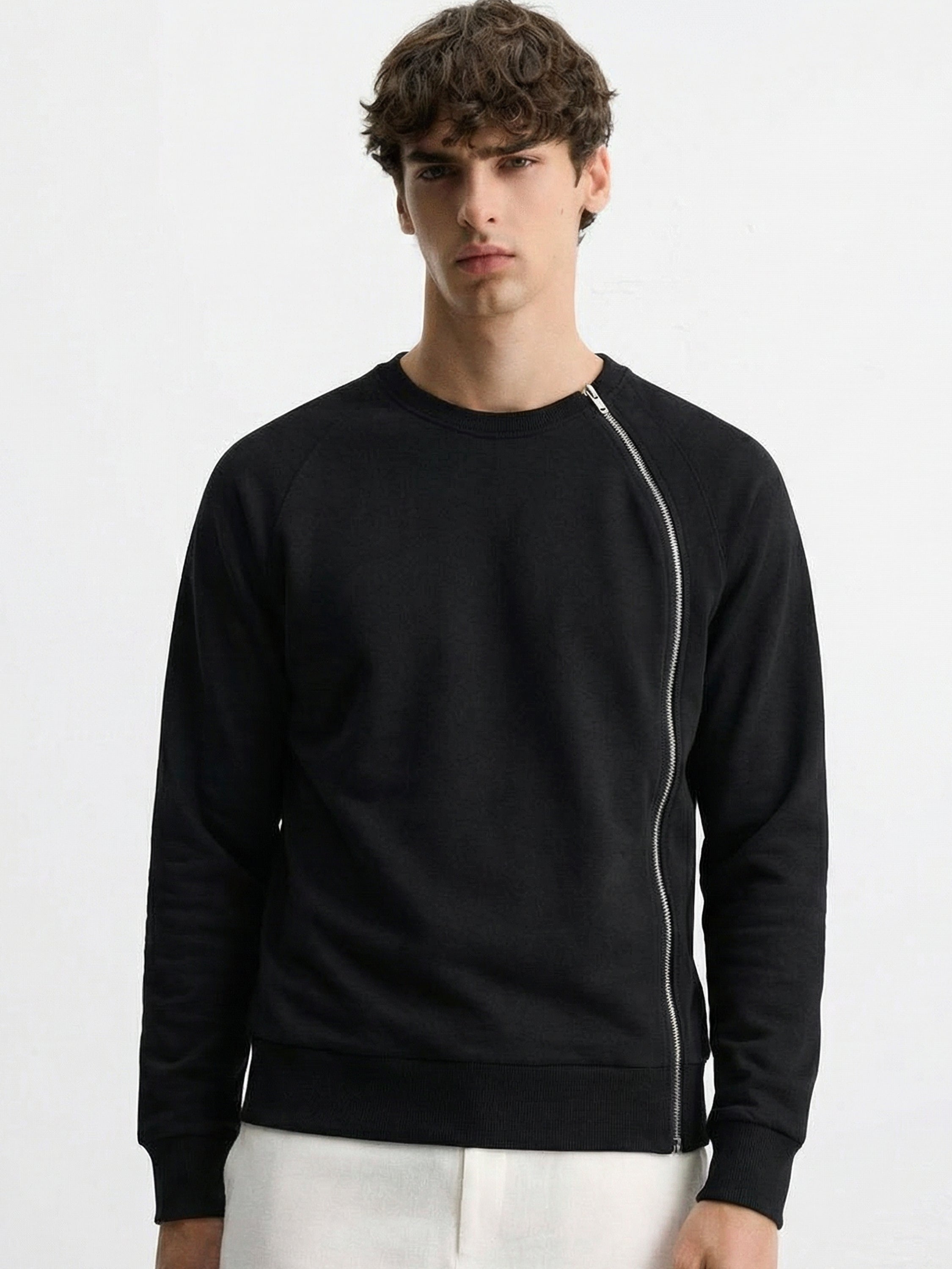 Highlander Men Black Round Neck Front-Open Sweatshirt - Black - Image 1