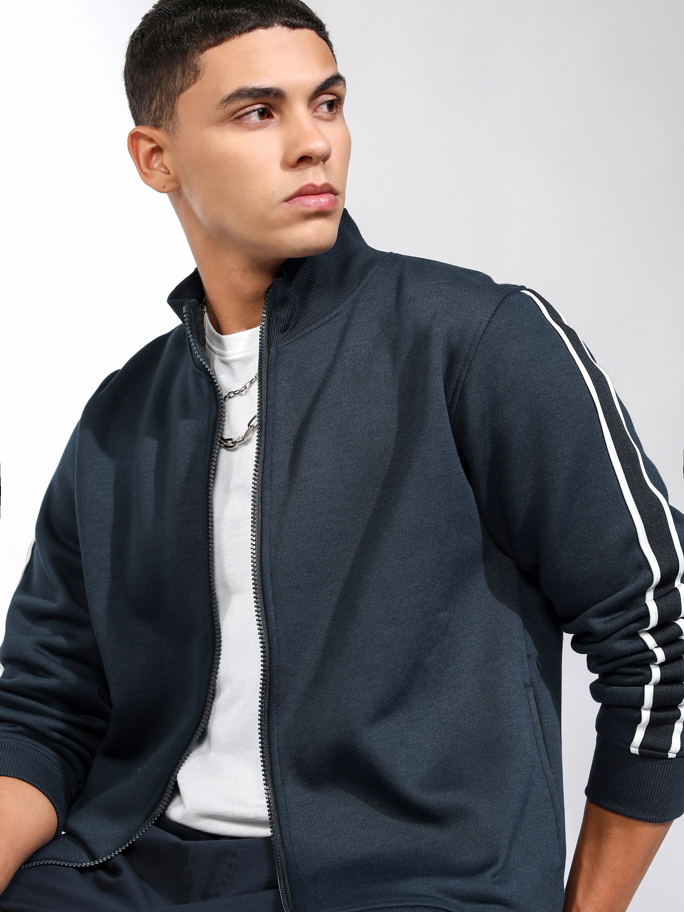 Highlander Men Navy Blue Mock Collar Front-Open Sweatshirt - Navy Blue - Image 1