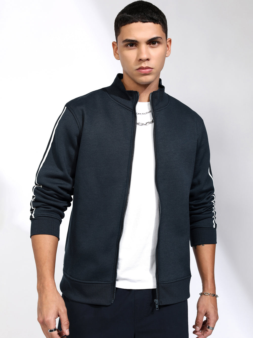 Highlander Men Navy Blue Mock Collar Front-Open Sweatshirt - Navy Blue - Image 4