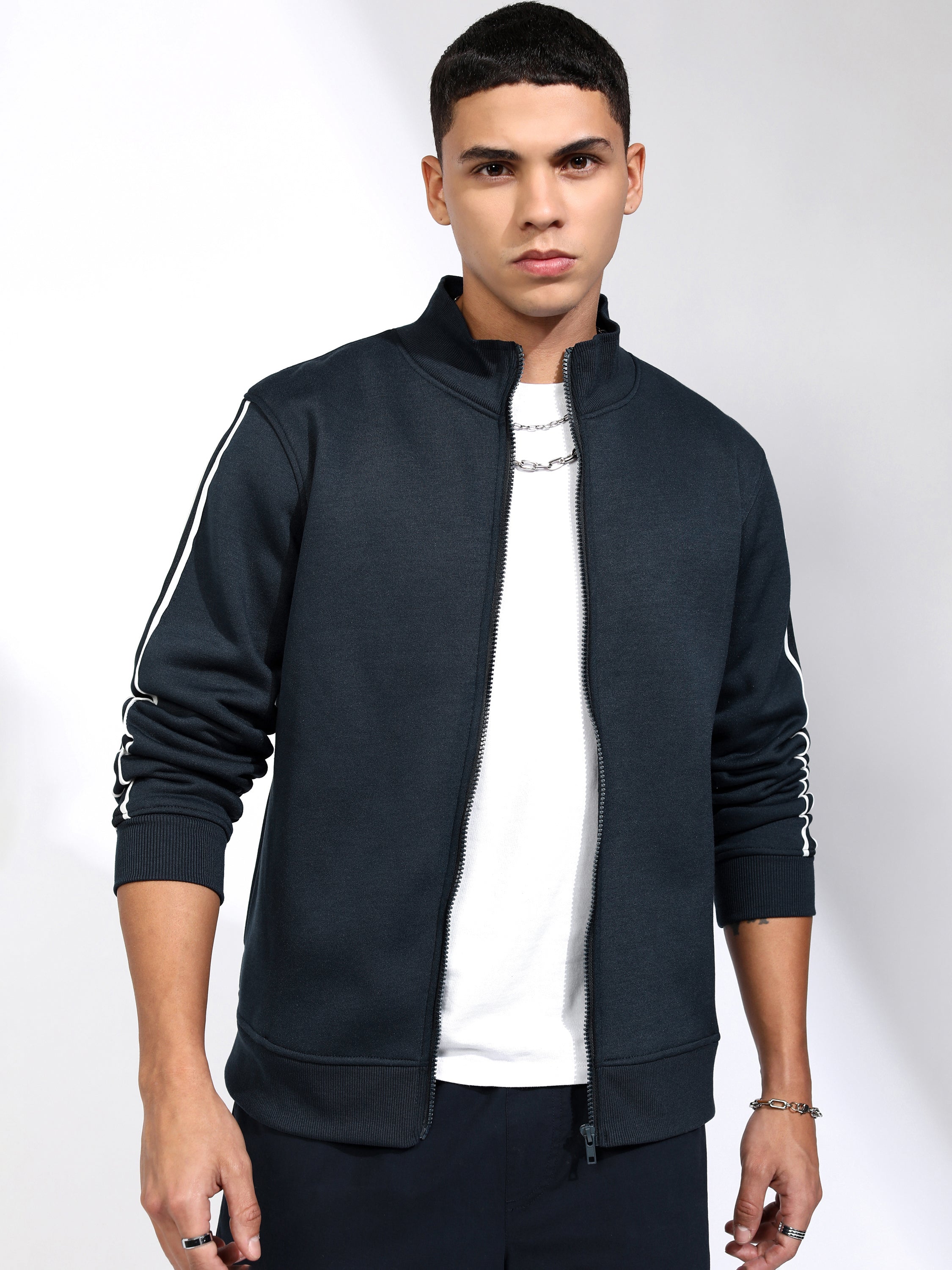 Highlander Men Navy Blue Mock Collar Front-Open Sweatshirt - Navy Blue - Image 4
