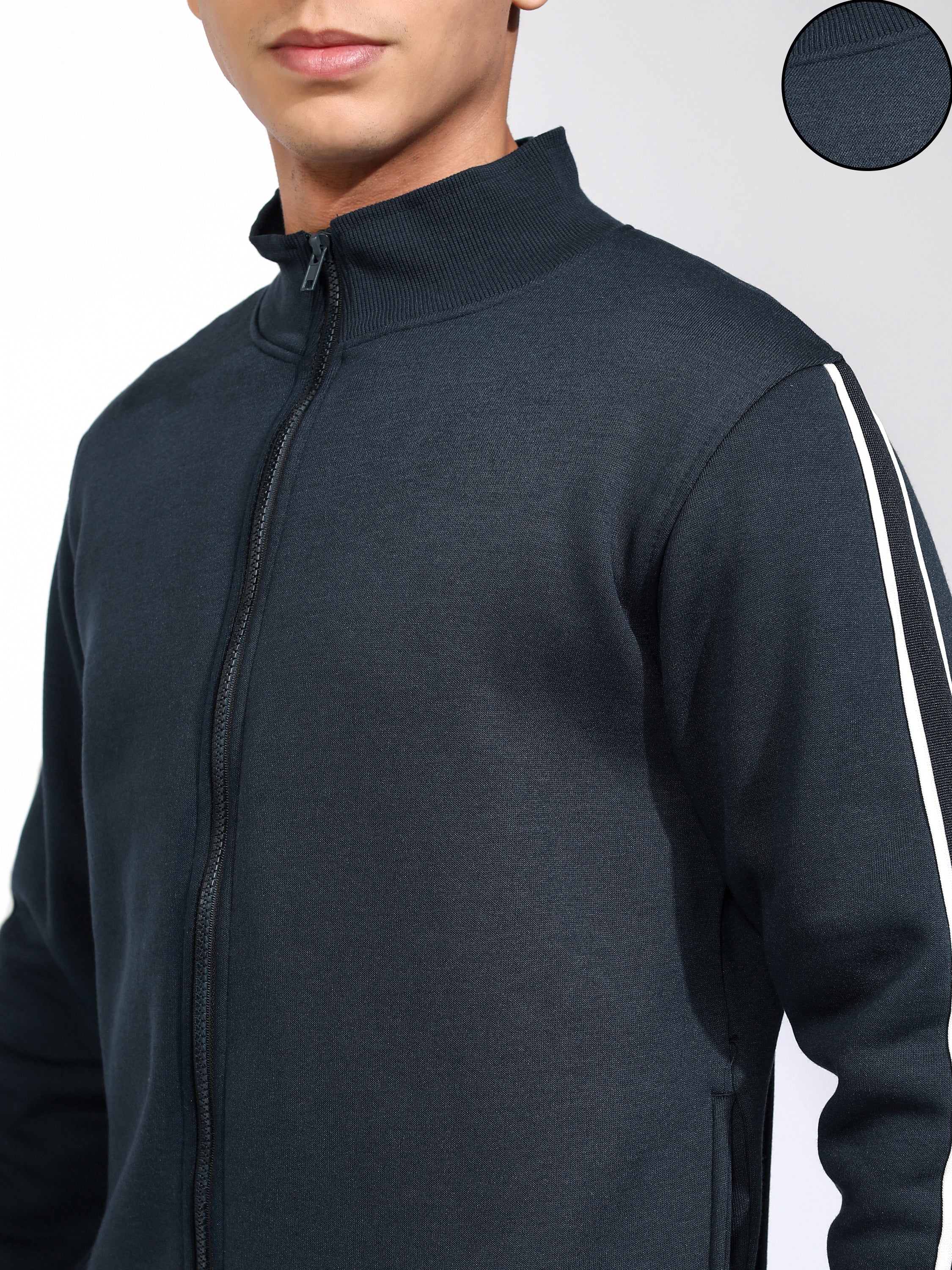 Highlander Men Navy Blue Mock Collar Front-Open Sweatshirt - Navy Blue - Image 5