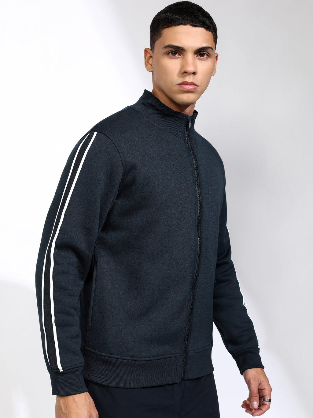 Highlander Men Navy Blue Mock Collar Front-Open Sweatshirt - Navy Blue - Image 6