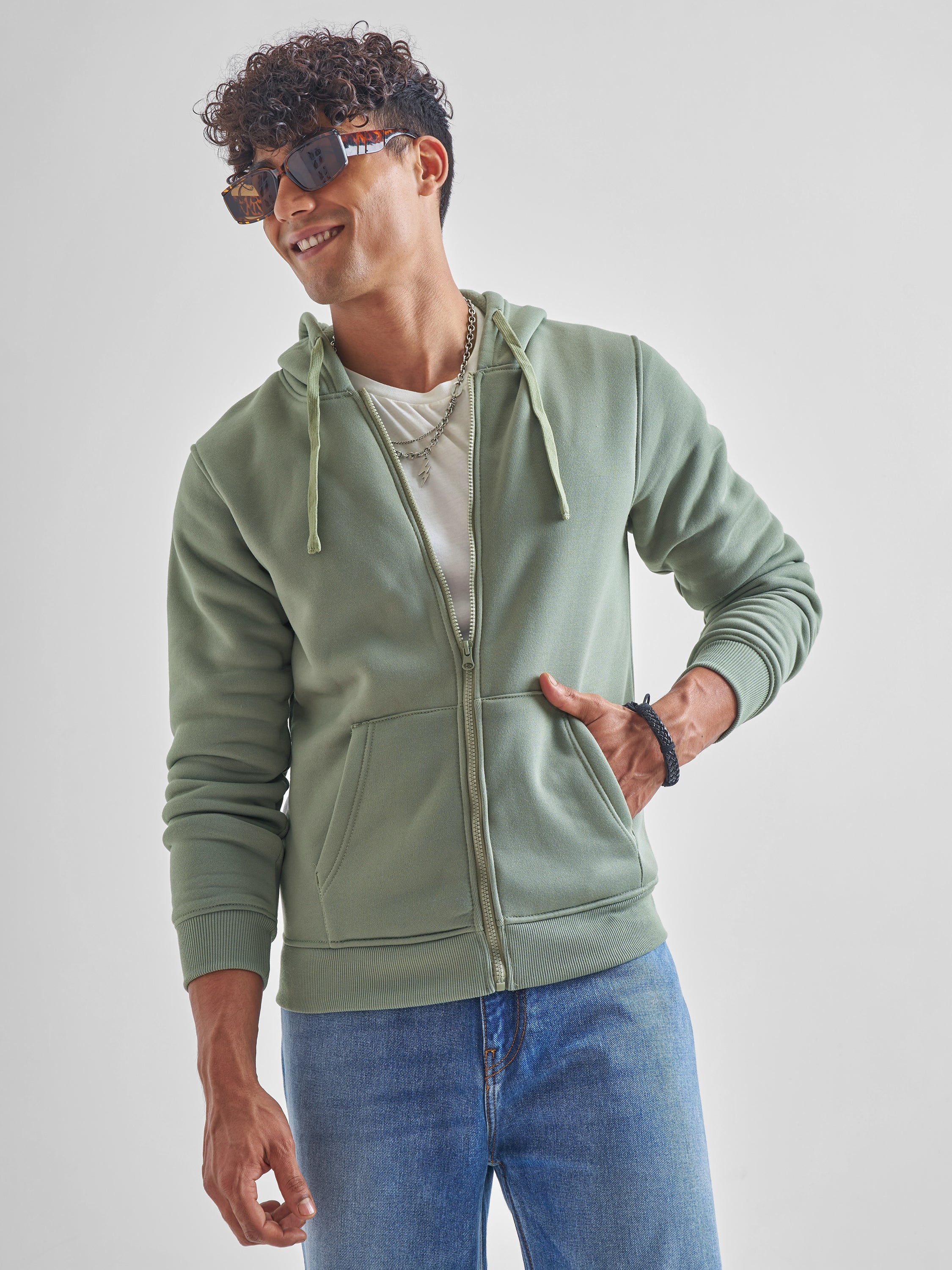 Highlander Men Green Hooded Front-Open Sweatshirt - Green - Image 1