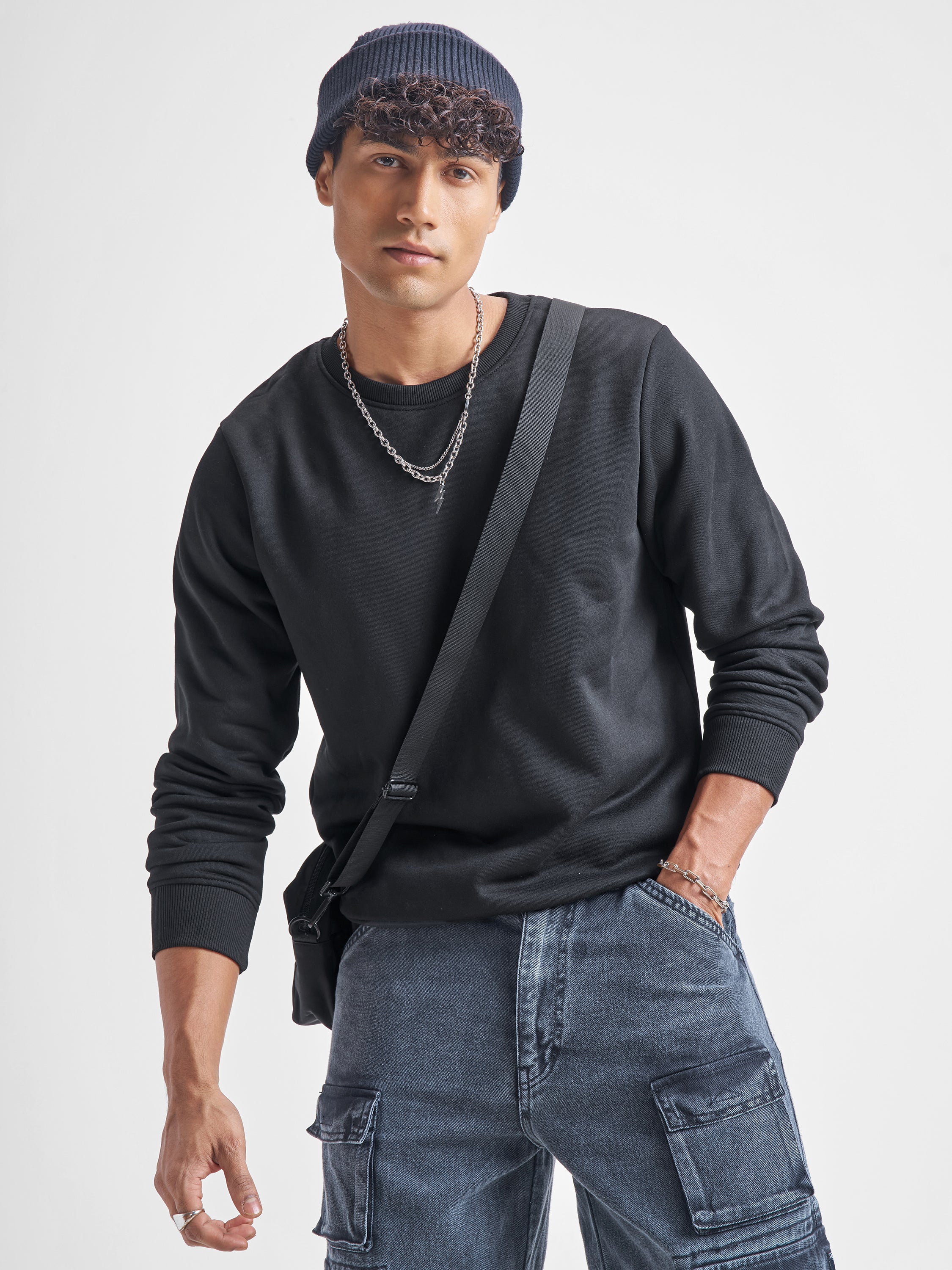 Highlander Men Black Round Neck Pullover Sweatshirt - Black - Image 1