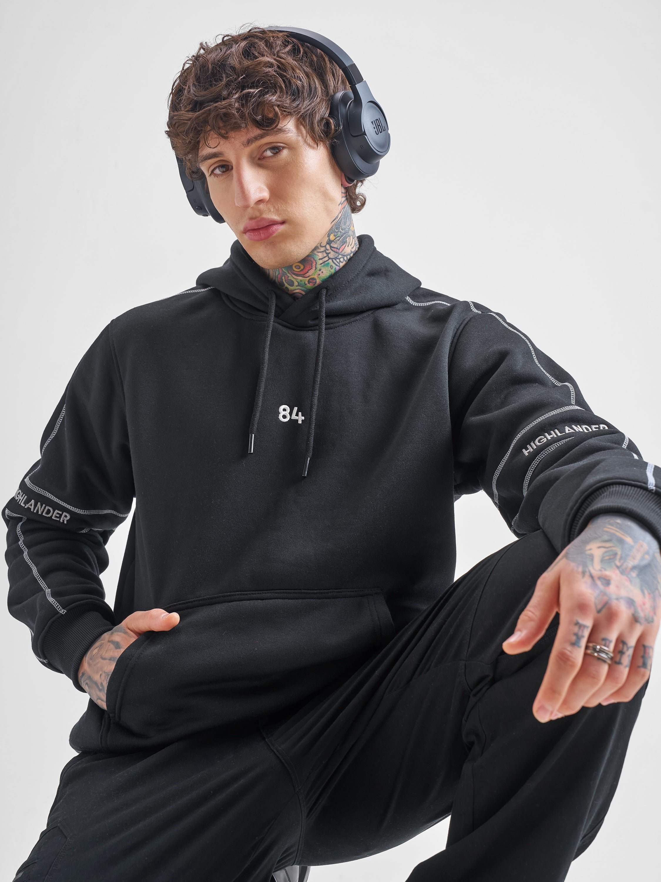 Highlander Men Black Hooded Pullover Sweatshirt - Black - Image 1