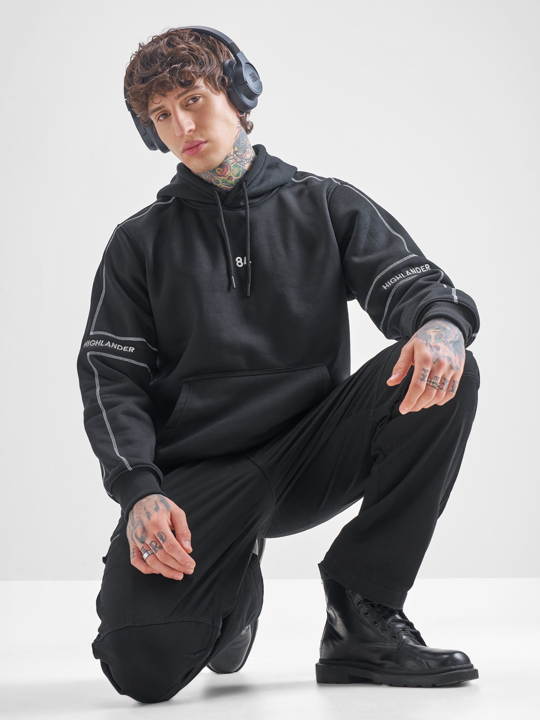 Highlander Men Black Hooded Pullover Sweatshirt - Black - Image 2