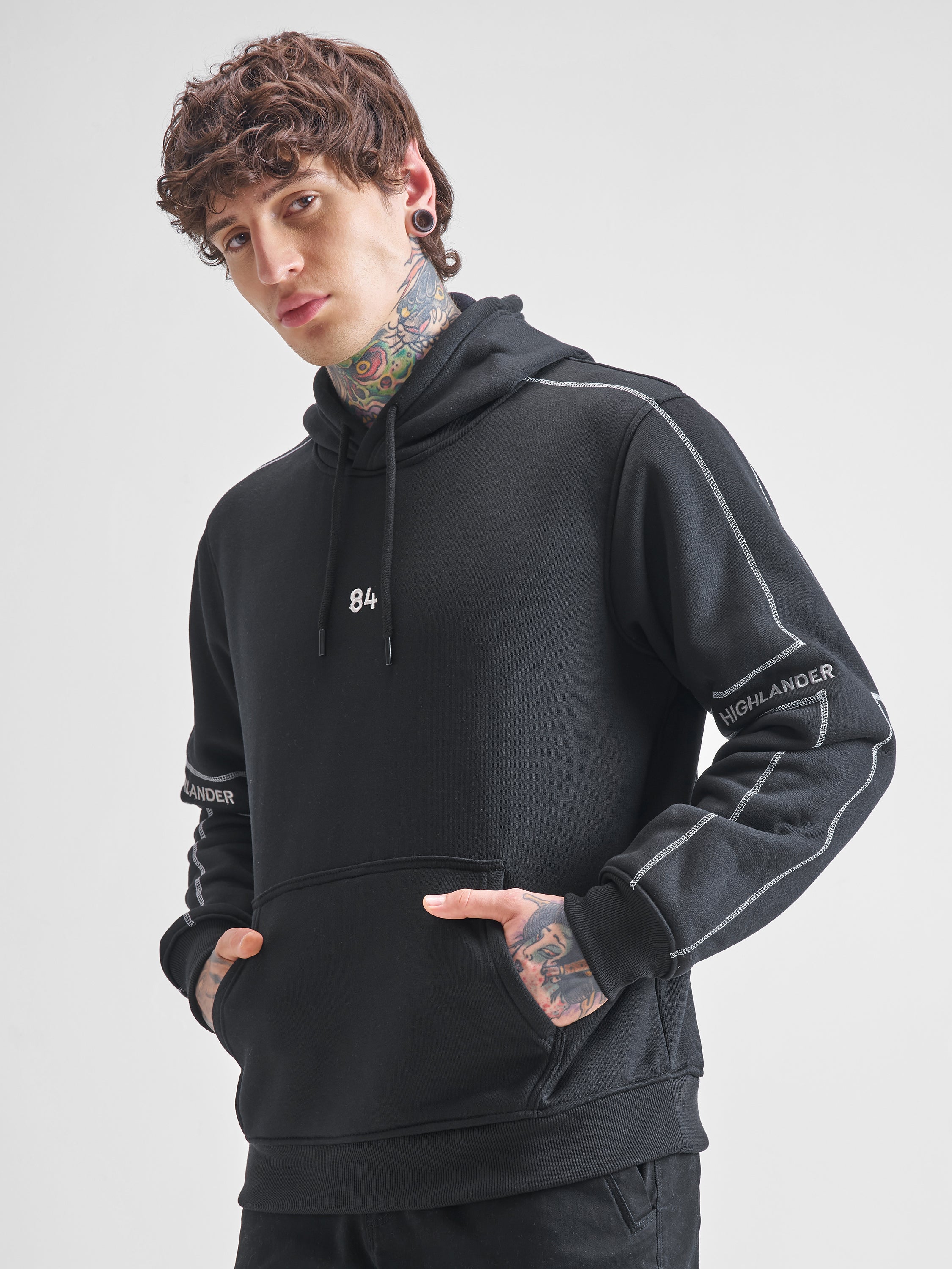 Highlander Men Black Hooded Pullover Sweatshirt - Black - Image 4
