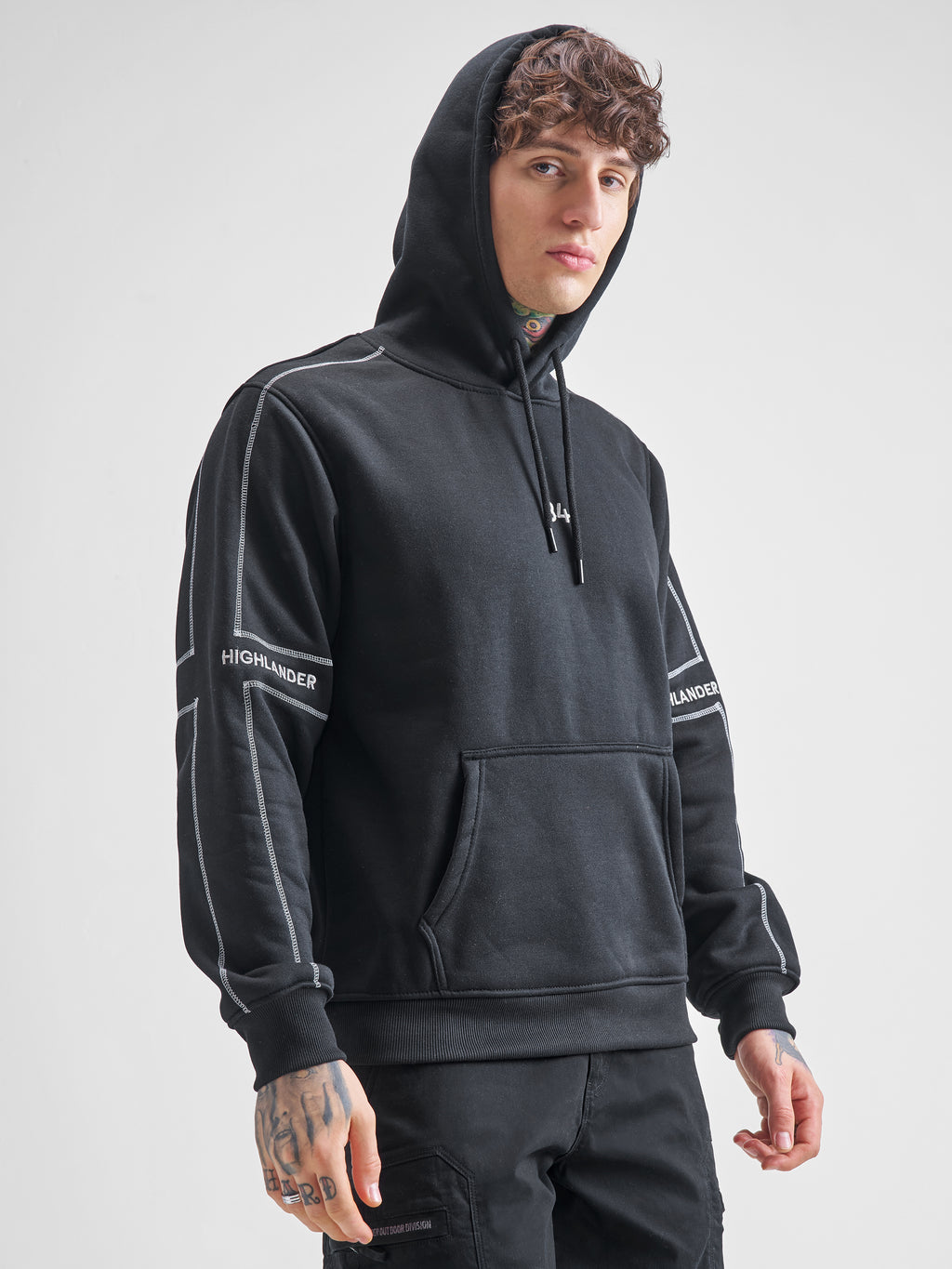 Highlander Men Black Hooded Pullover Sweatshirt - Black - Image 6