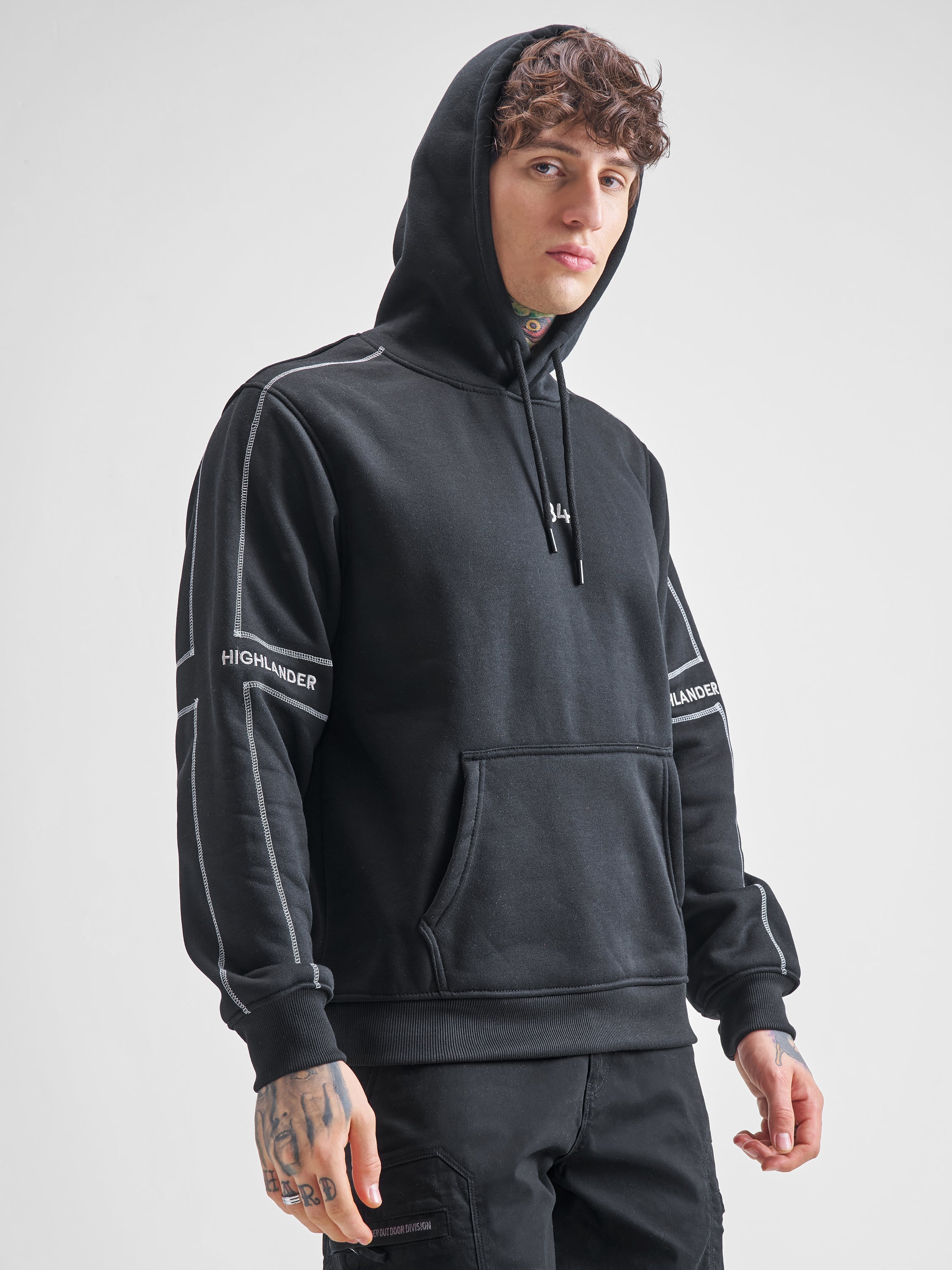 Highlander Men Black Hooded Pullover Sweatshirt - Black - Image 6