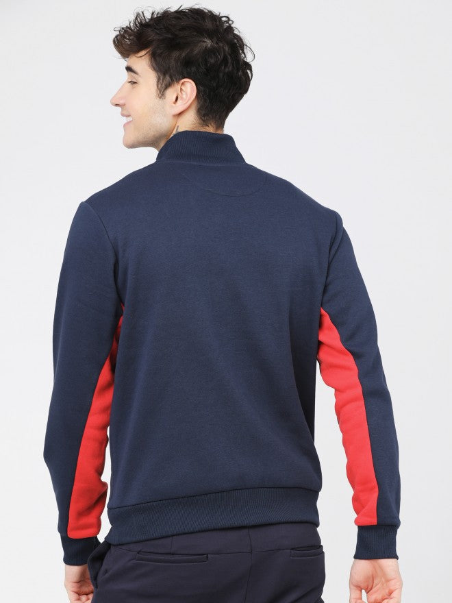 Highlander Men Navy Blue High Neck Front-Open Sweatshirt - Navy Blue - Image 3