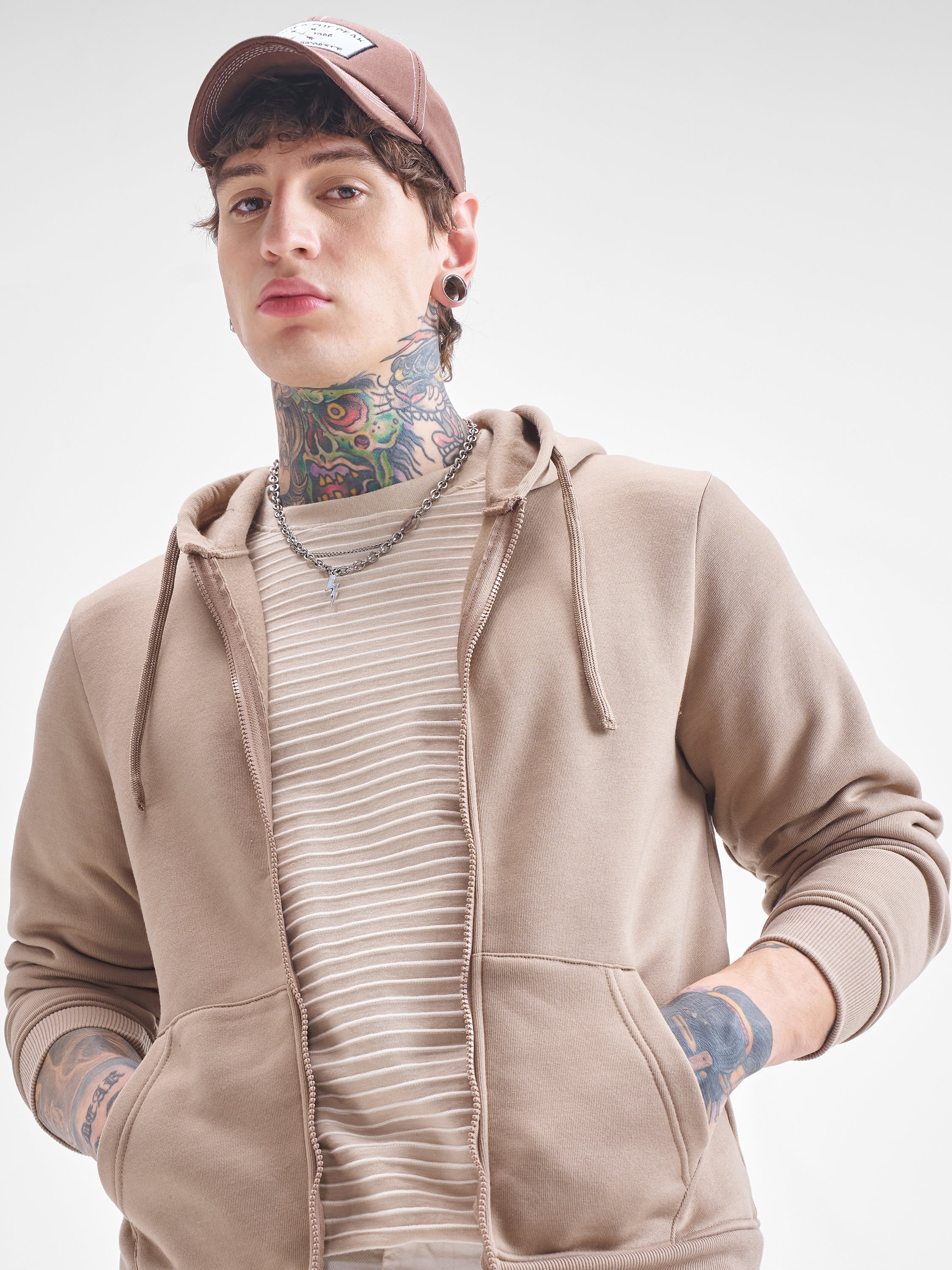 Highlander Men Beige Hooded Front-Open Sweatshirt - Beige - Image 1