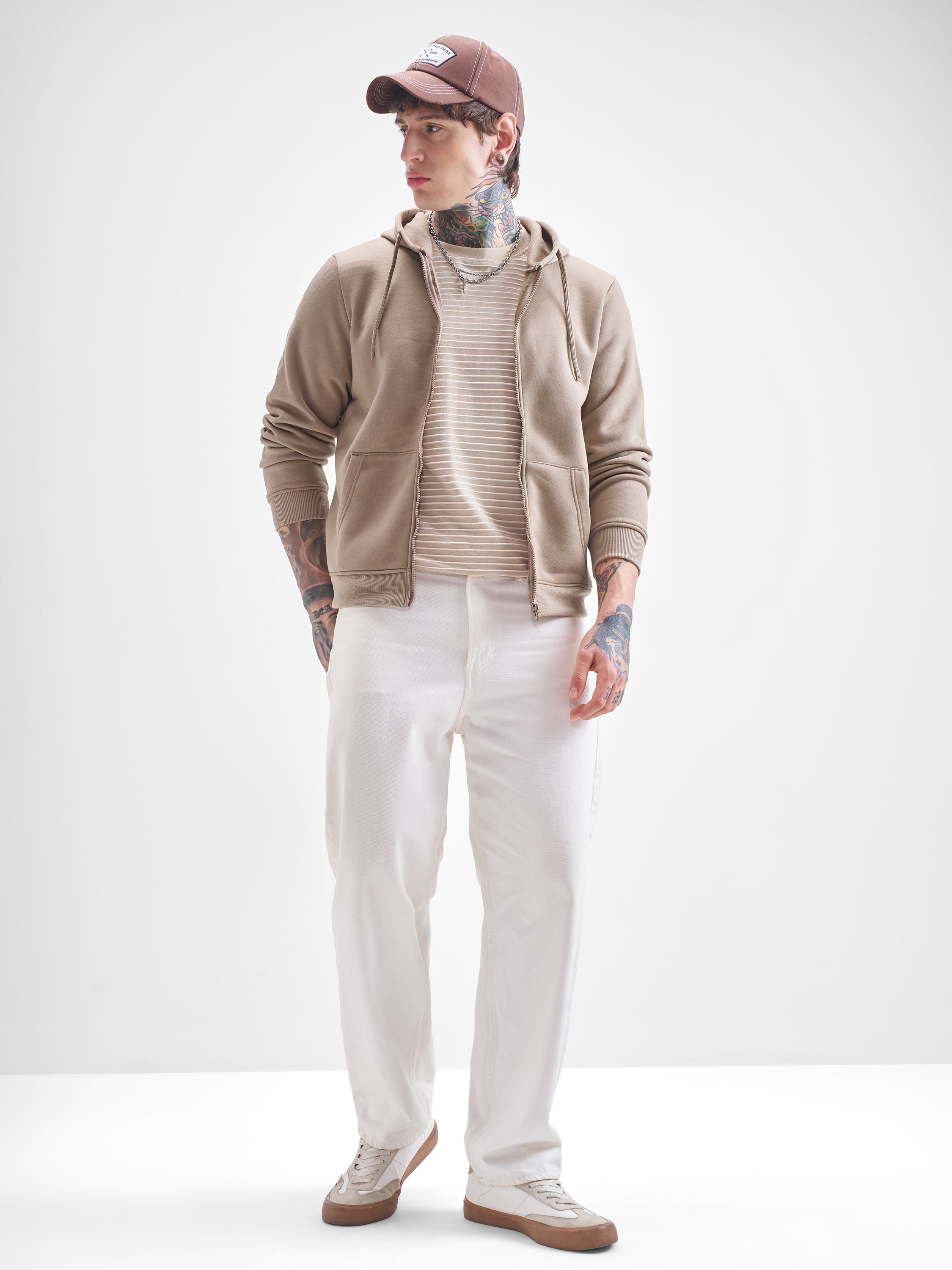 Highlander Men Beige Hooded Front-Open Sweatshirt - Beige - Image 2