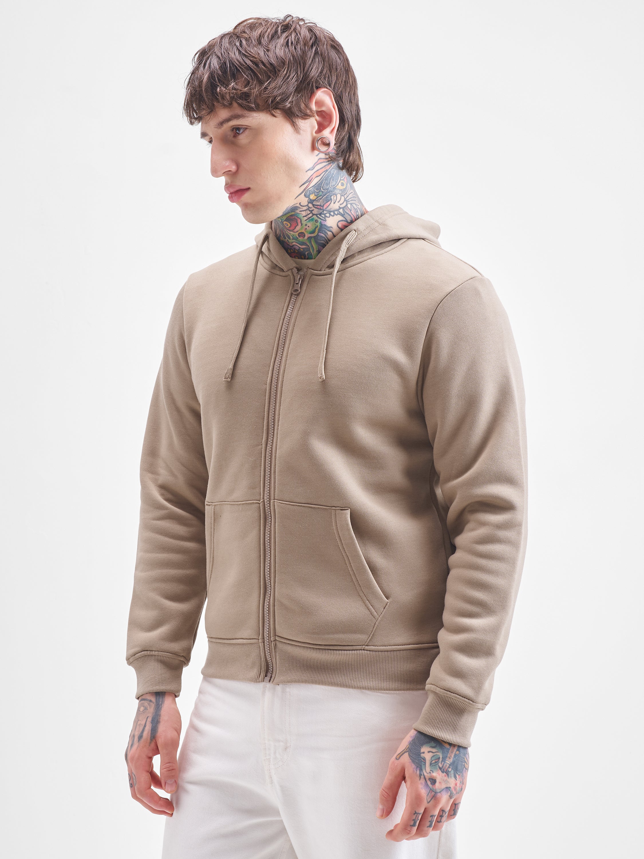 Highlander Men Beige Hooded Front-Open Sweatshirt - Beige - Image 4