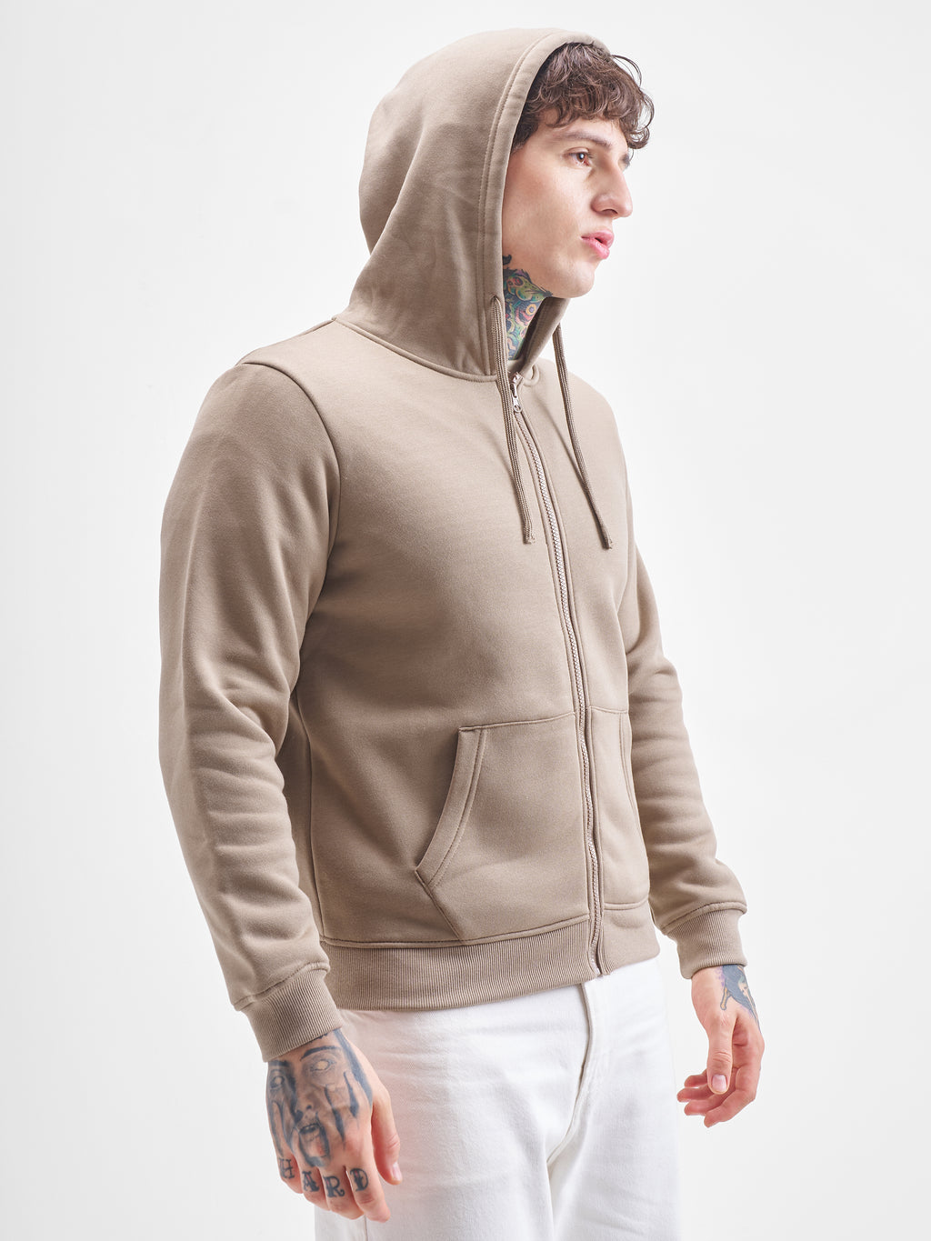 Highlander Men Beige Hooded Front-Open Sweatshirt - Beige - Image 6