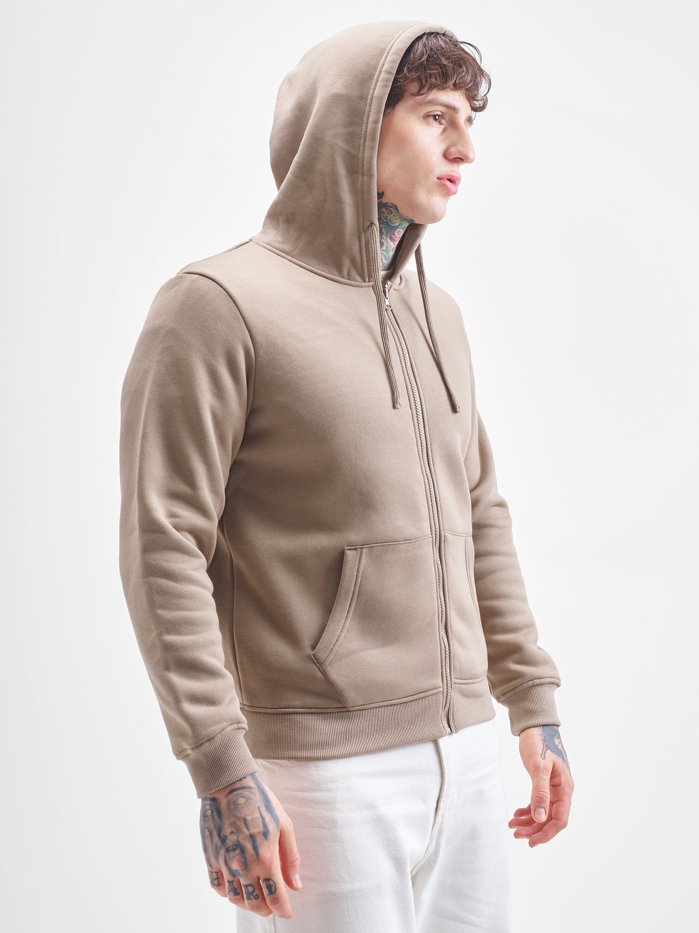 Highlander Men Beige Hooded Front-Open Sweatshirt - Beige - Image 6