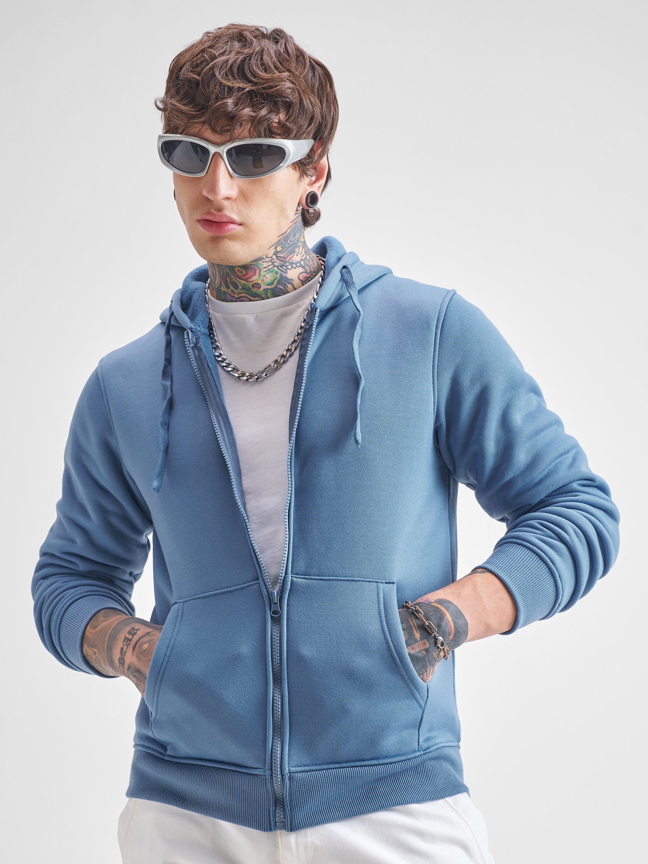 Highlander Men Blue Hooded Front-Open Sweatshirt - Blue - Image 1