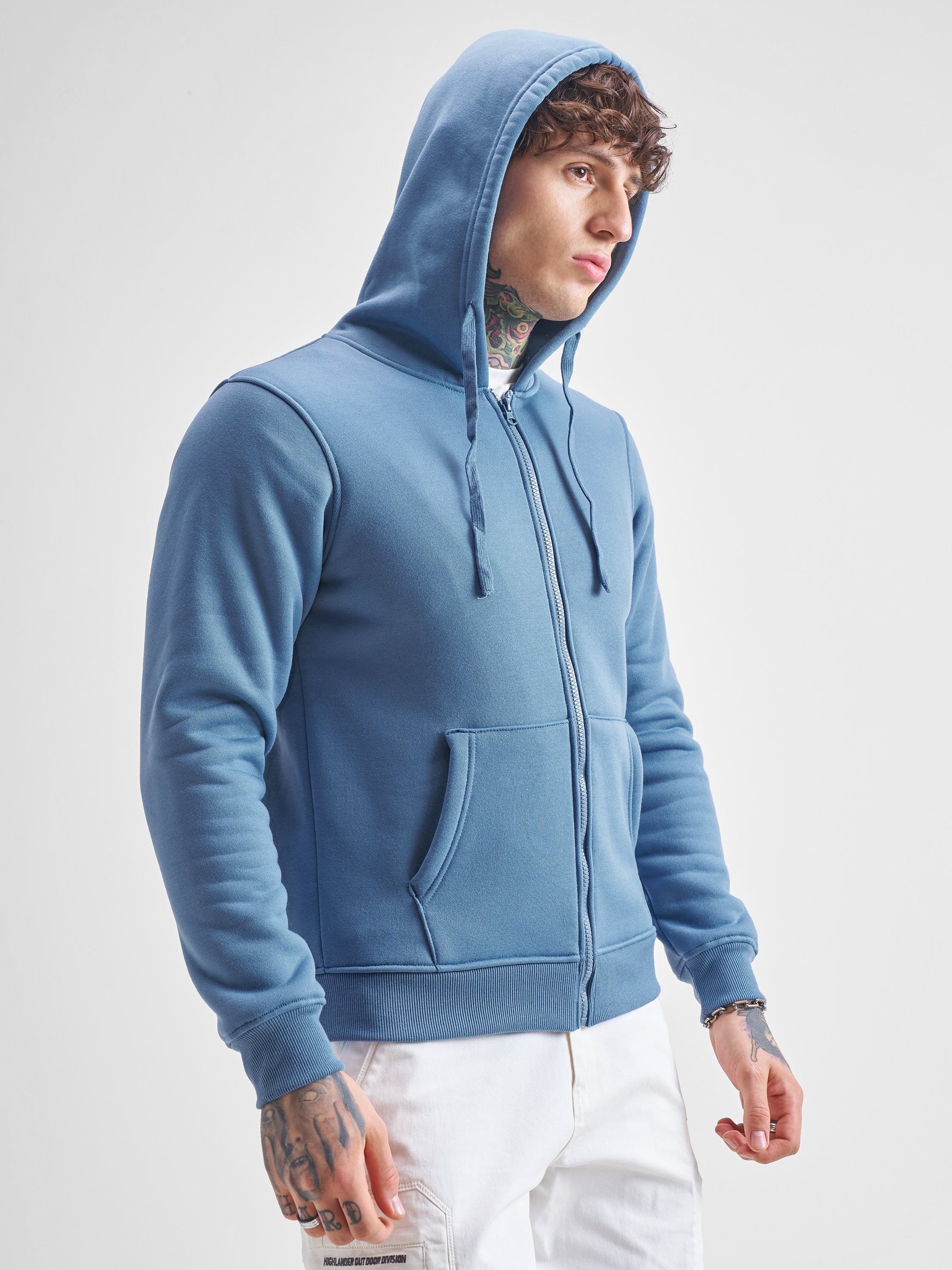 Highlander Men Blue Hooded Front-Open Sweatshirt - Blue - Image 6