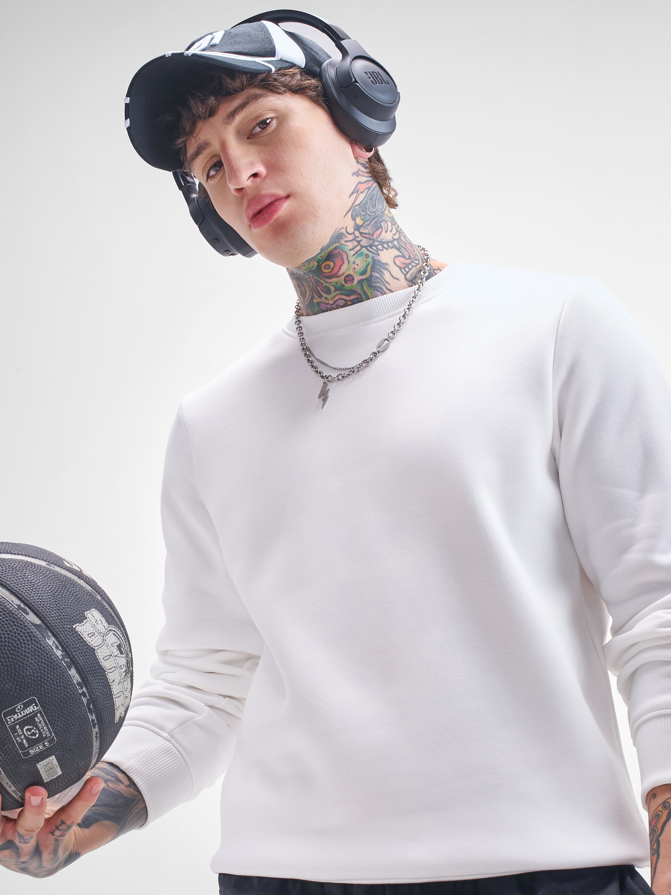 Highlander Men White Round Neck Pullover Sweatshirt - White - Image 1