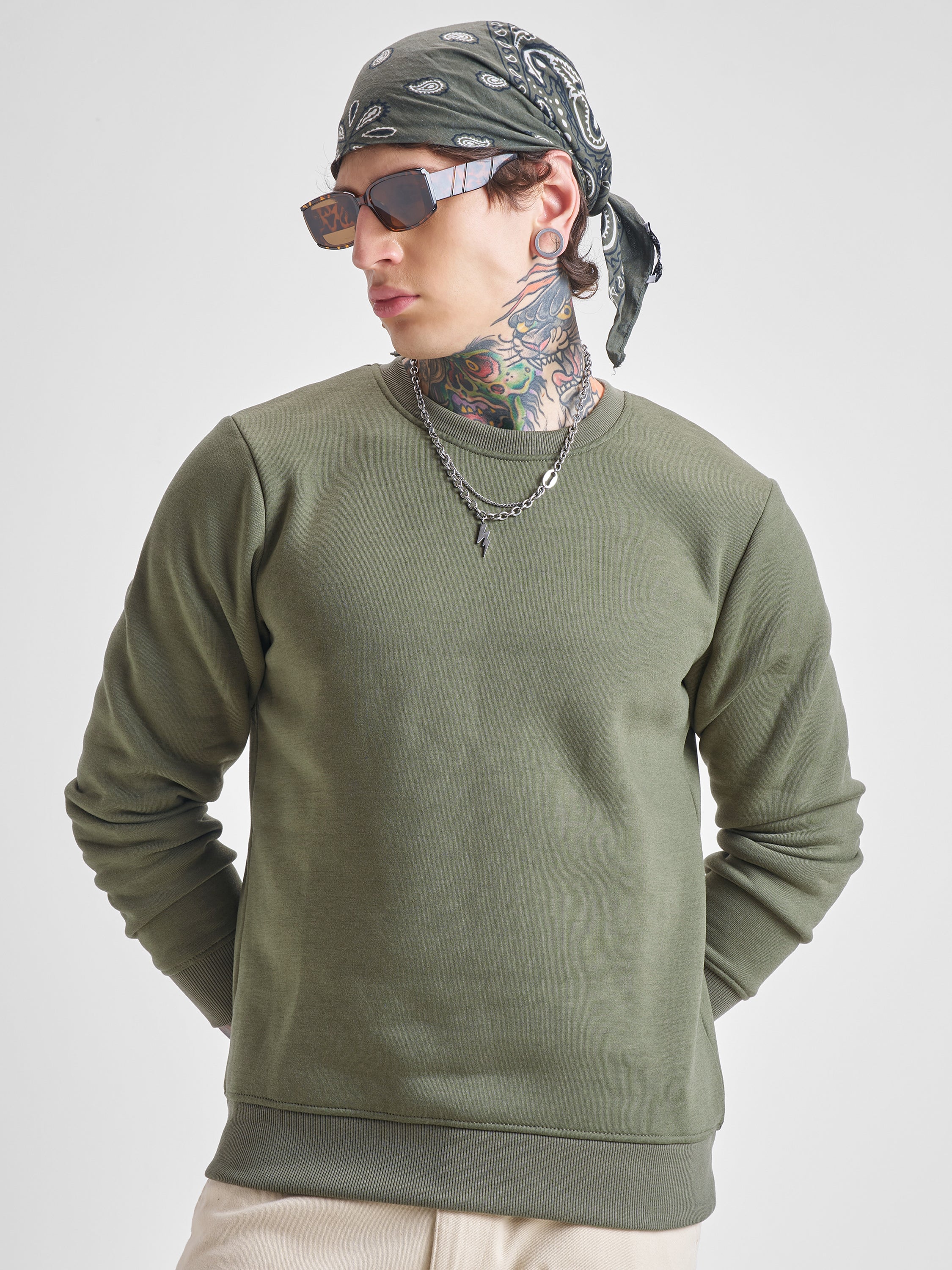 Highlander Men Olive Round Neck Pullover Sweatshirt - Olive - Image 1