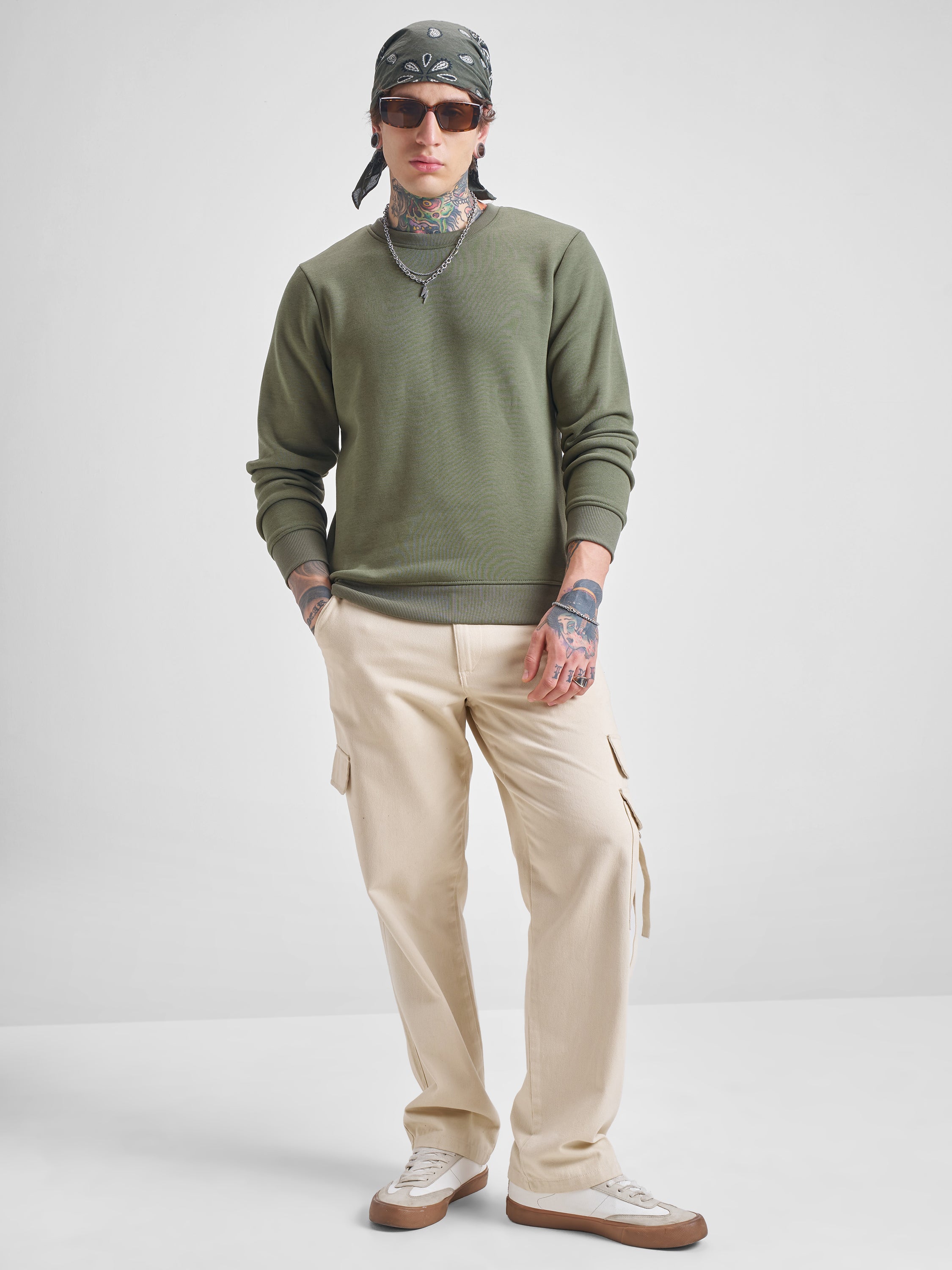 Highlander Men Olive Round Neck Pullover Sweatshirt - Olive - Image 2