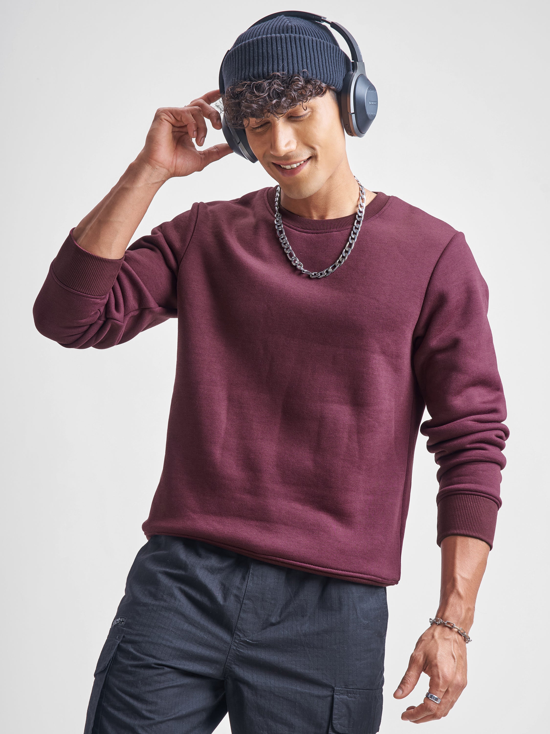 Highlander Men Burgundy Round Neck Pullover Sweatshirt - Burgundy - Image 1