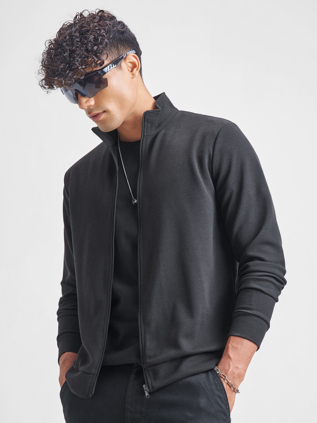 Highlander Men Black High Neck Front-Open Sweatshirt - Black - Image 1