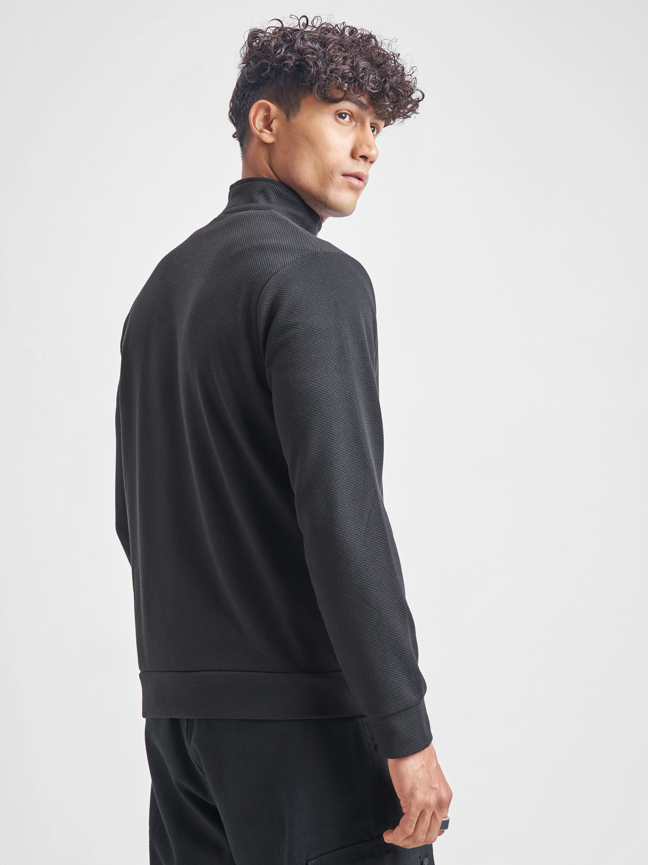 Highlander Men Black High Neck Front-Open Sweatshirt - Black - Image 3