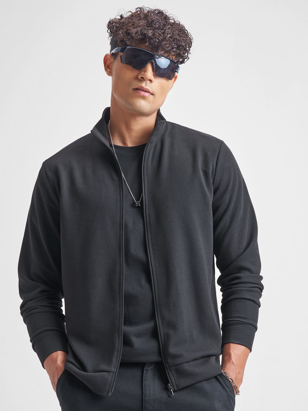 Highlander Men Black High Neck Front-Open Sweatshirt - Black - Image 4