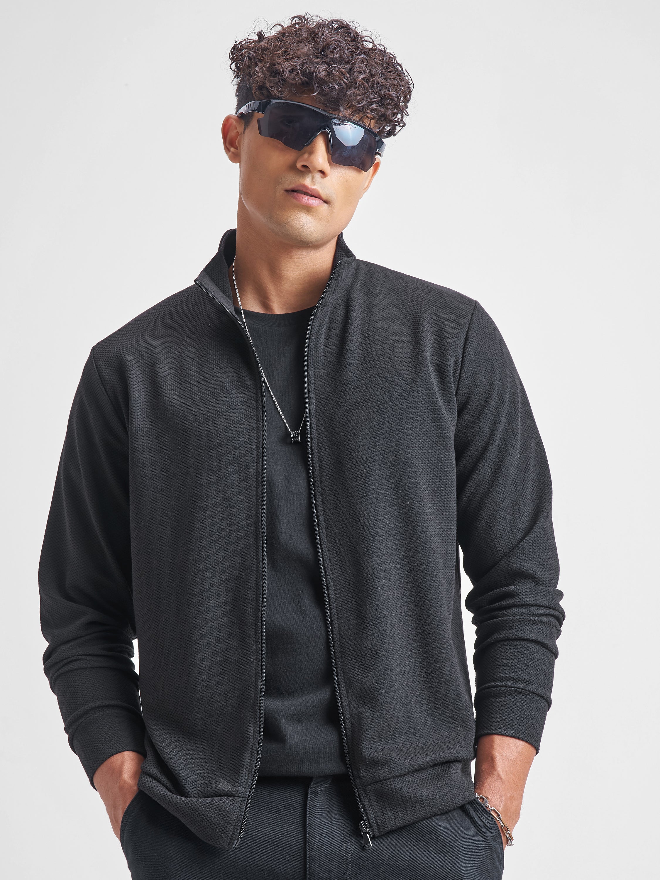 Highlander Men Black High Neck Front-Open Sweatshirt - Black - Image 4