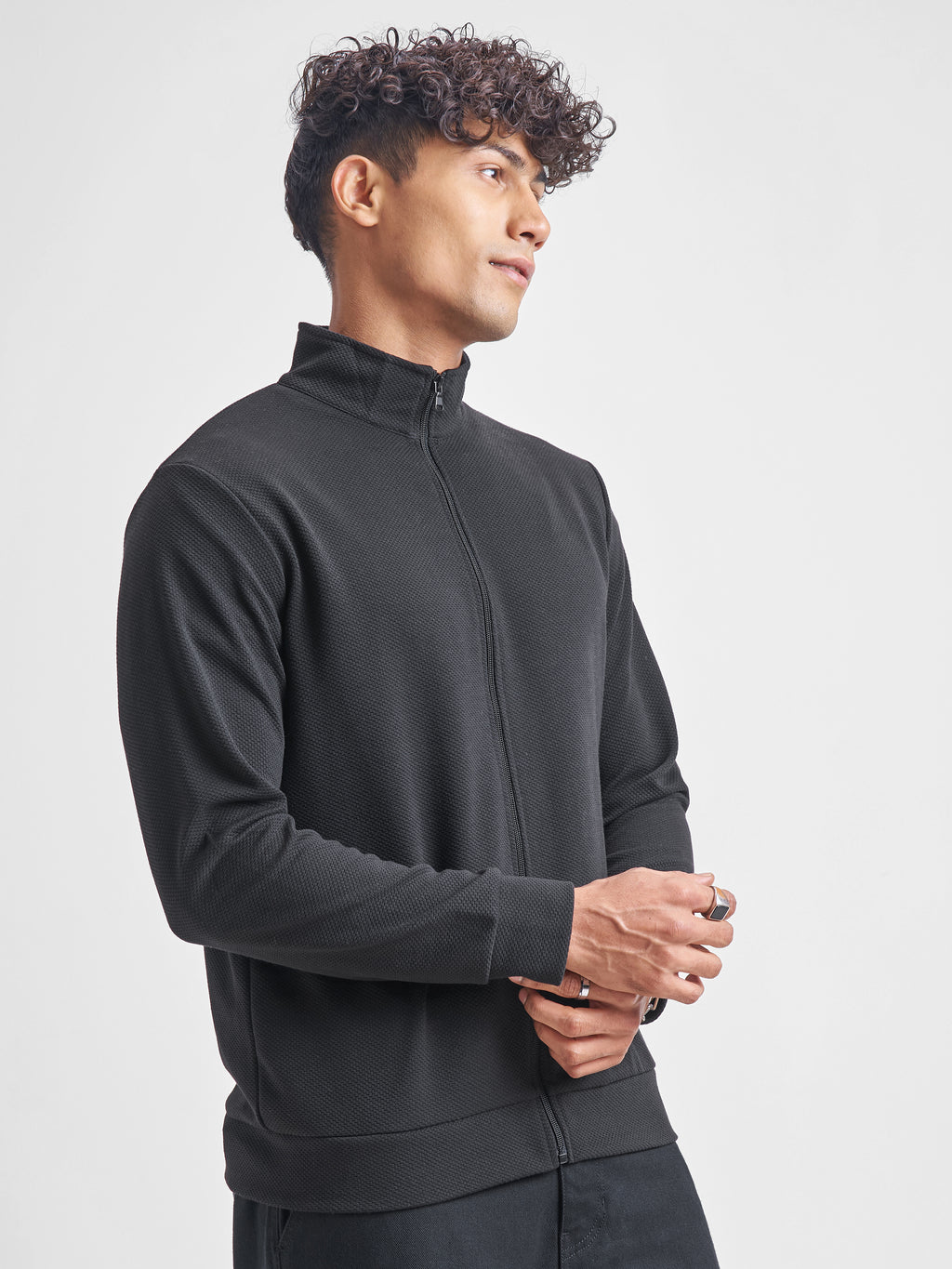 Highlander Men Black High Neck Front-Open Sweatshirt - Black - Image 6