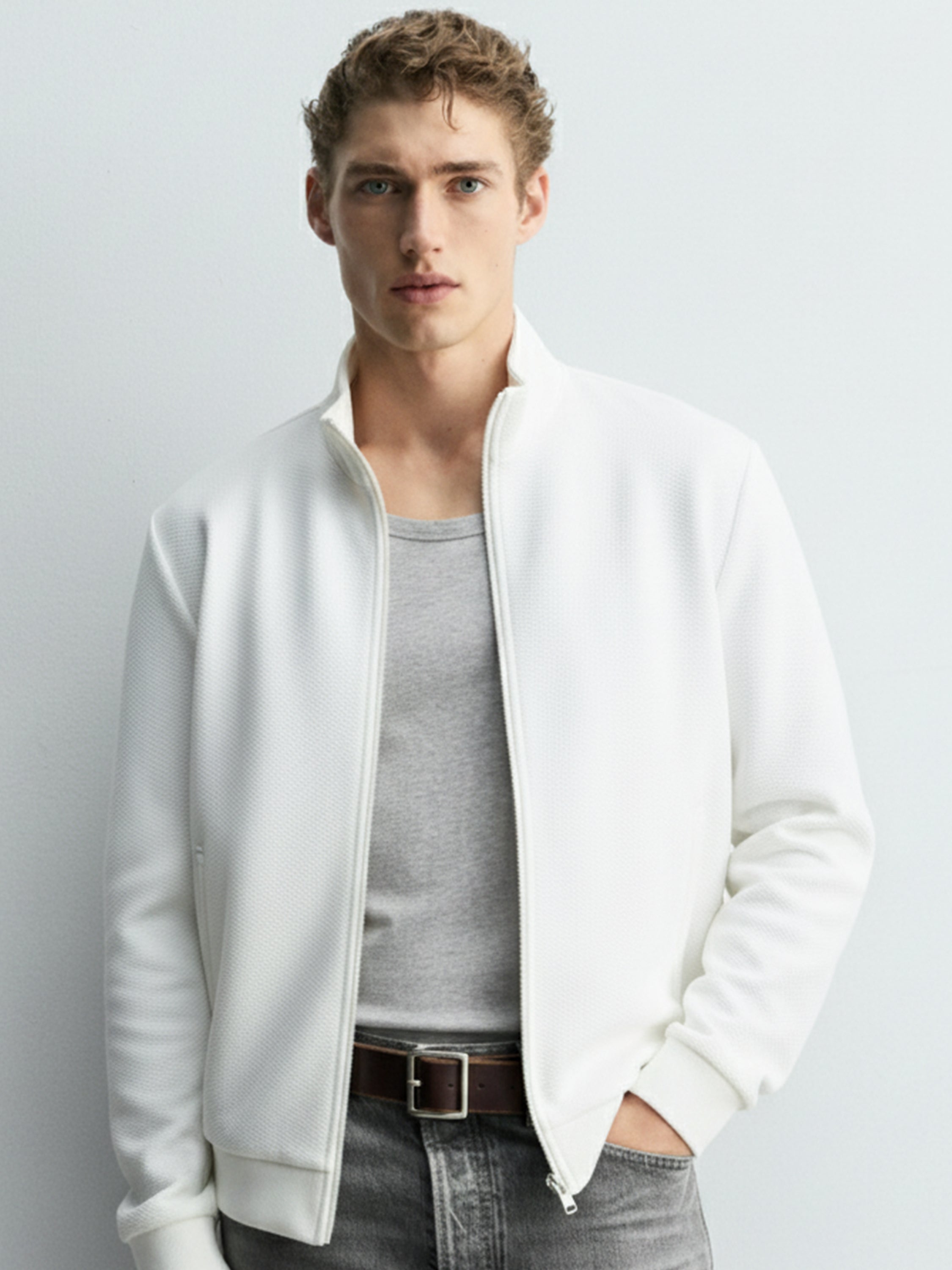 Highlander Men White High Neck Front-Open Sweatshirt - White - Image 1