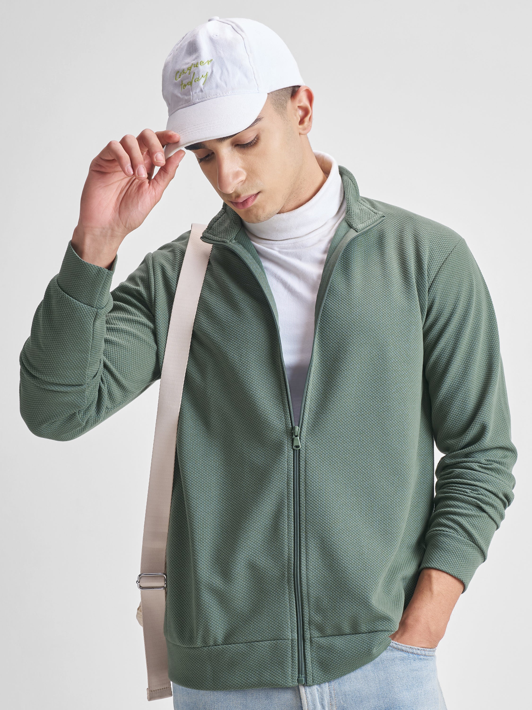 Highlander Men Green High Neck Front-Open Sweatshirt - Green - Image 1